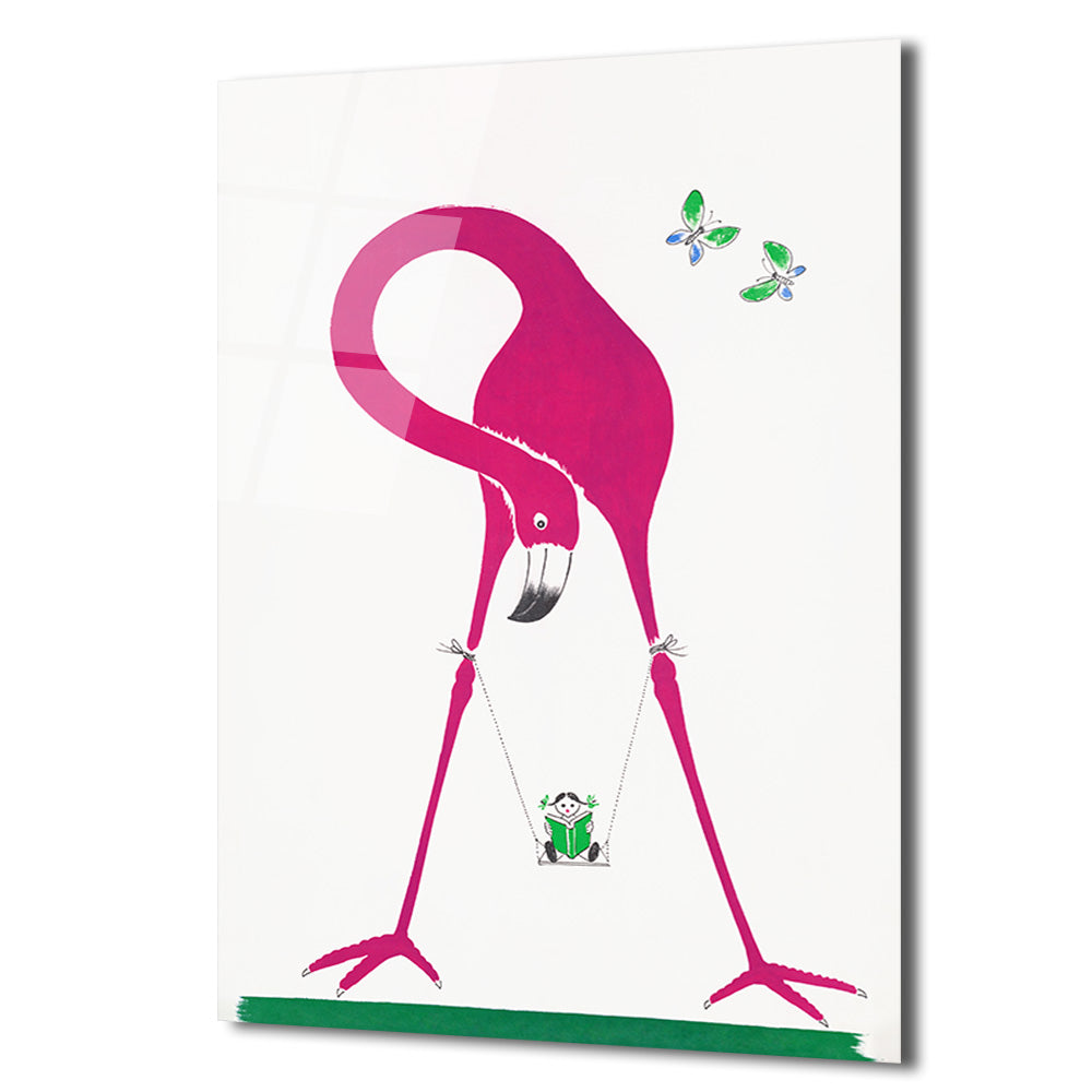 Pembe Flamingo ve Salıncaklı Çocuk Modern Cam Tablo