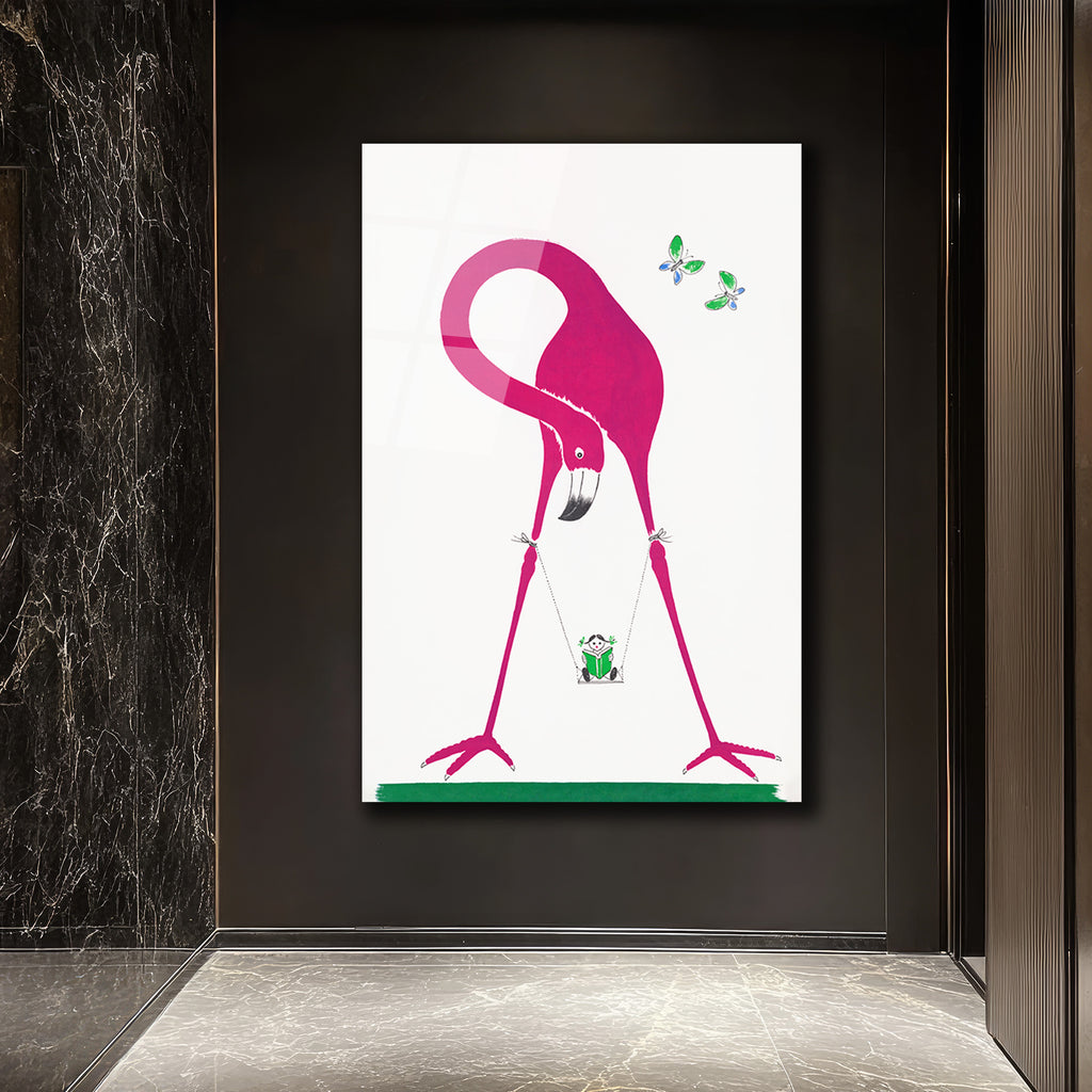 Pembe Flamingo ve Salıncaklı Çocuk Modern Cam Tablo