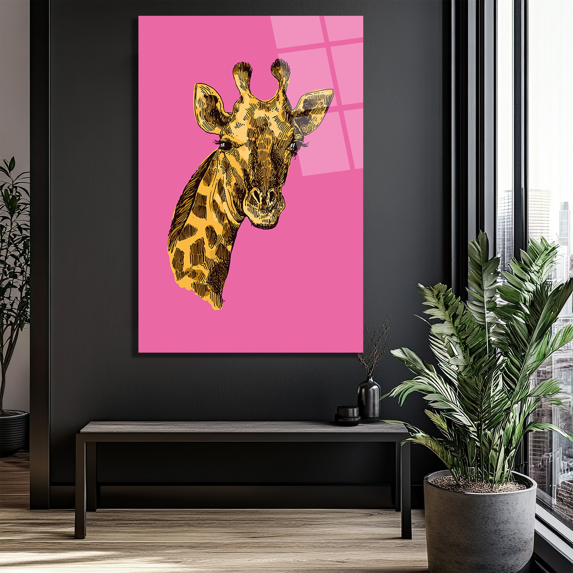 Canlı Pembe Zürafa Portresi Modern Cam Tablo