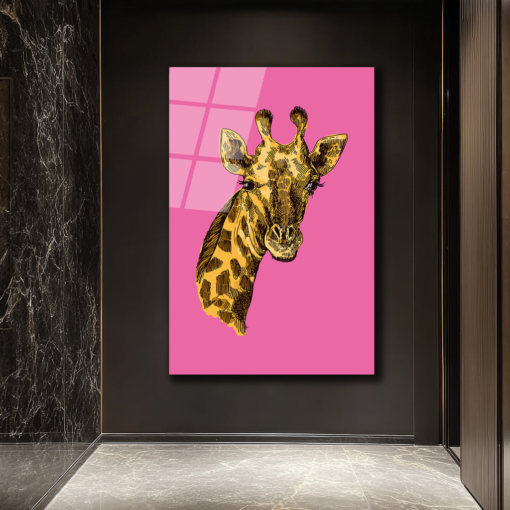Canlı Pembe Zürafa Portresi Modern Cam Tablo