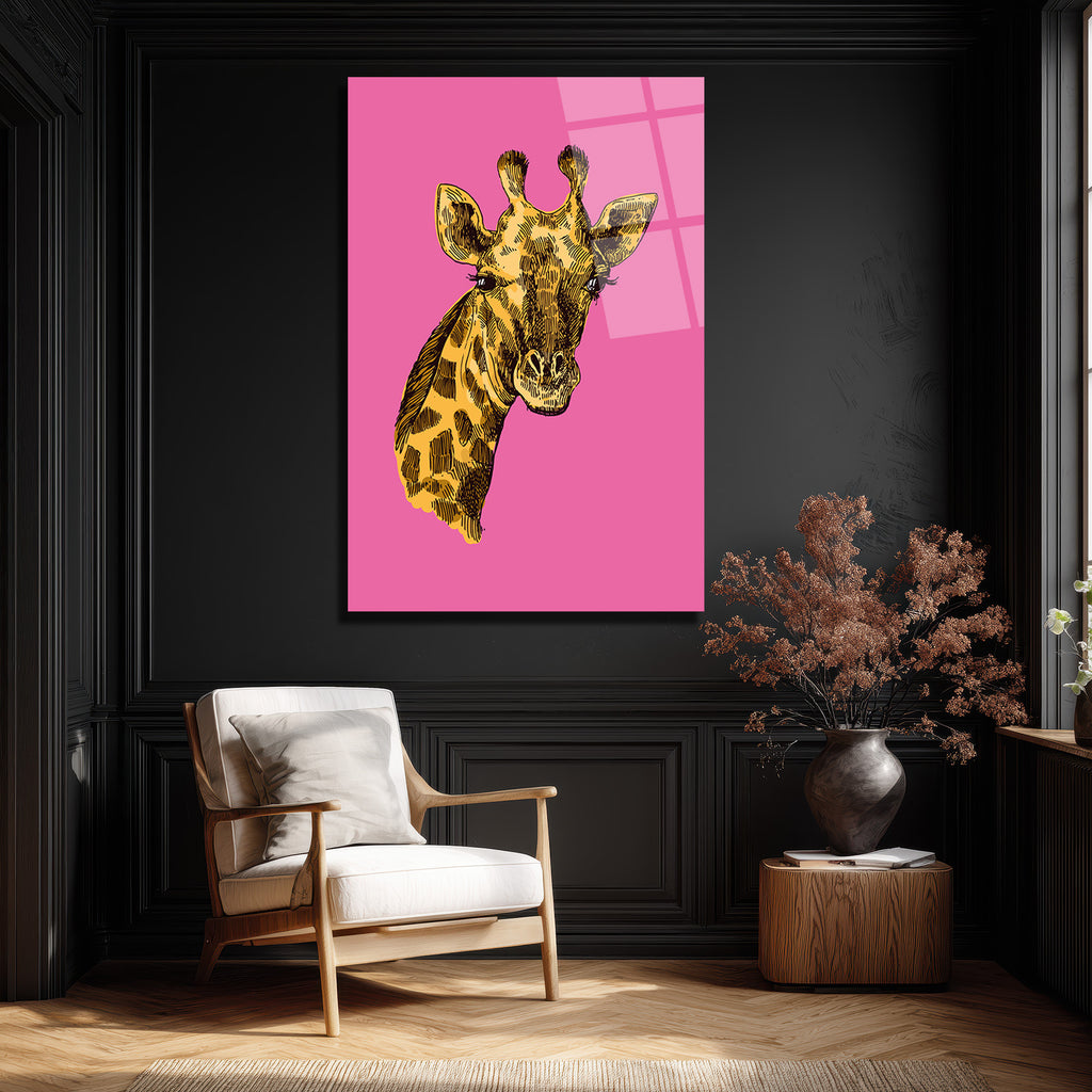 Canlı Pembe Zürafa Portresi Modern Cam Tablo