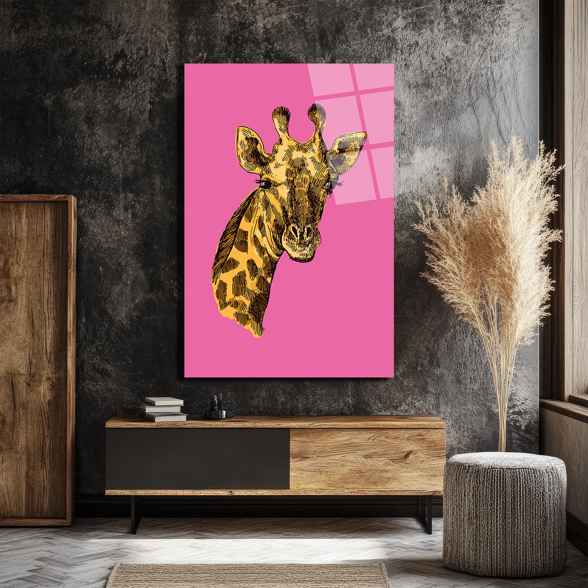Canlı Pembe Zürafa Portresi Modern Cam Tablo