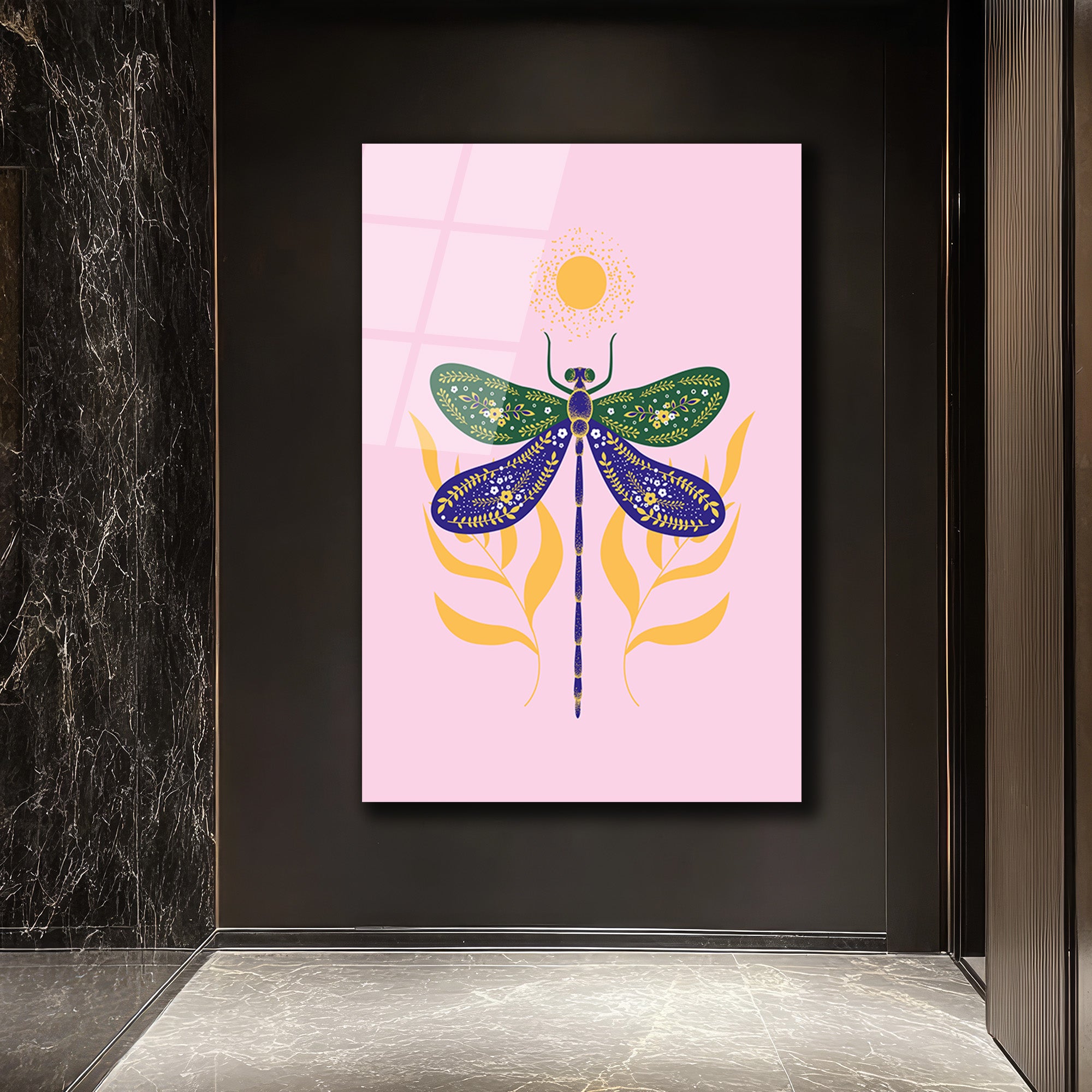 Yusufçuk ve Güneş Motifli Pastel Pembe Cam Tablo