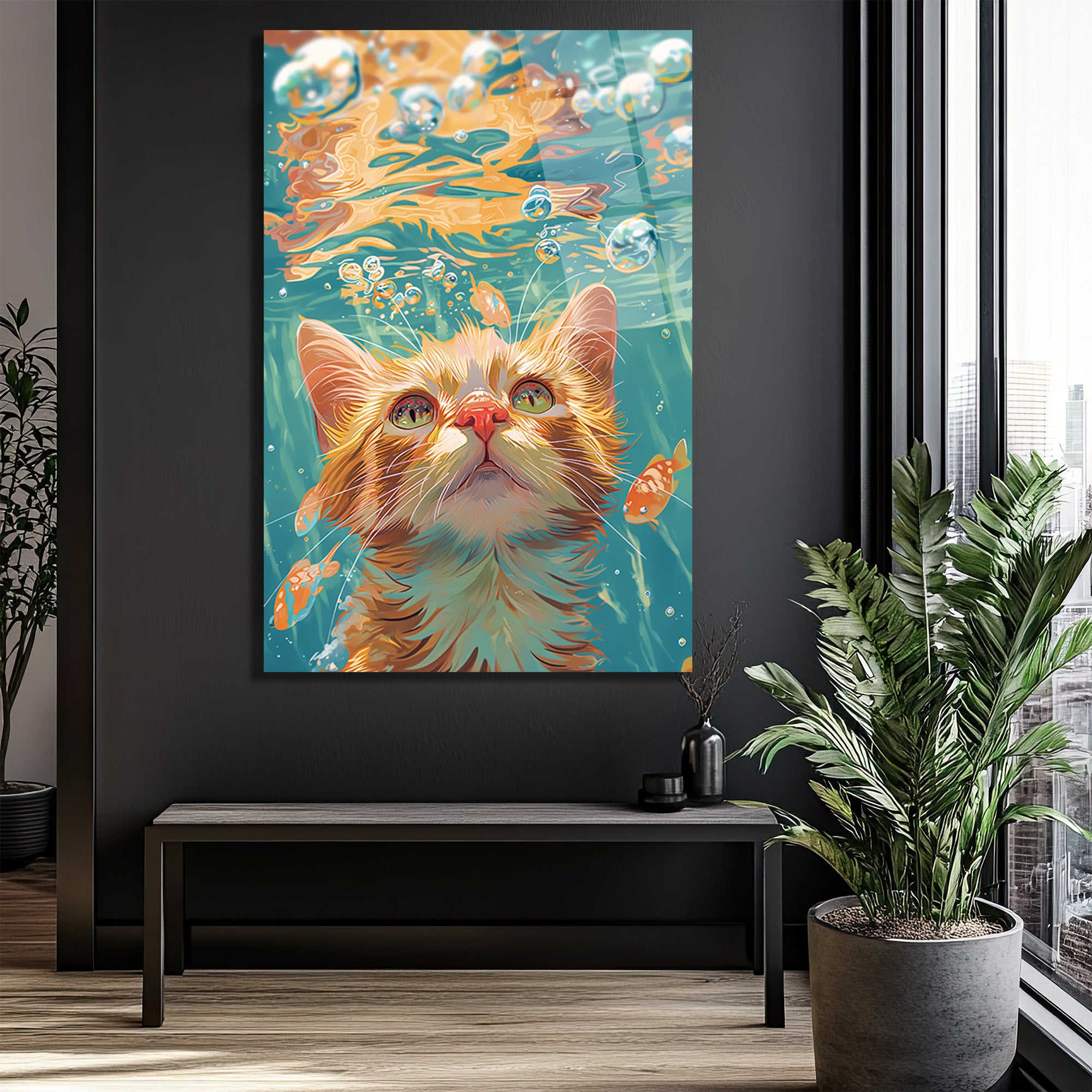 Meraklı Kedi Sualtı Dünyası Cam Tablo | Canlı Renkler
