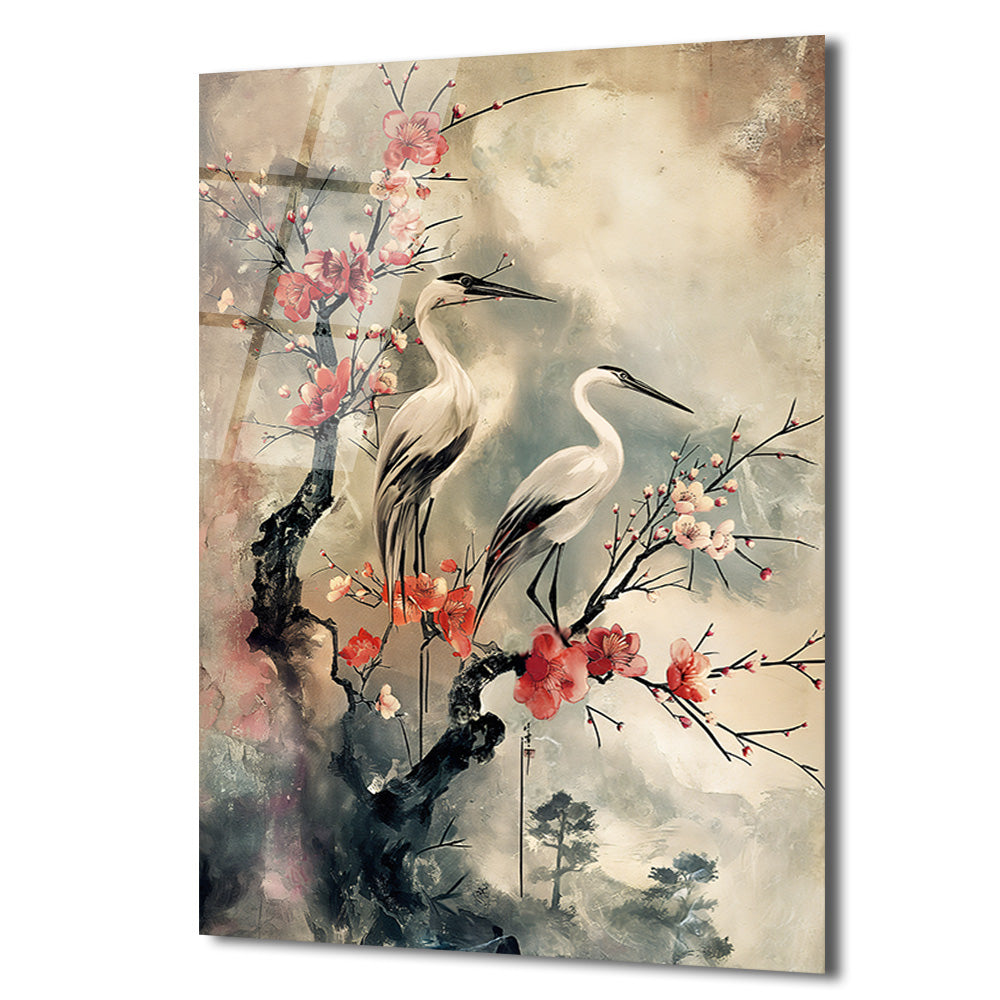 Zen Esintili Balıkçıl Kuşları ve Sakura Çiçekleri Cam Tablo