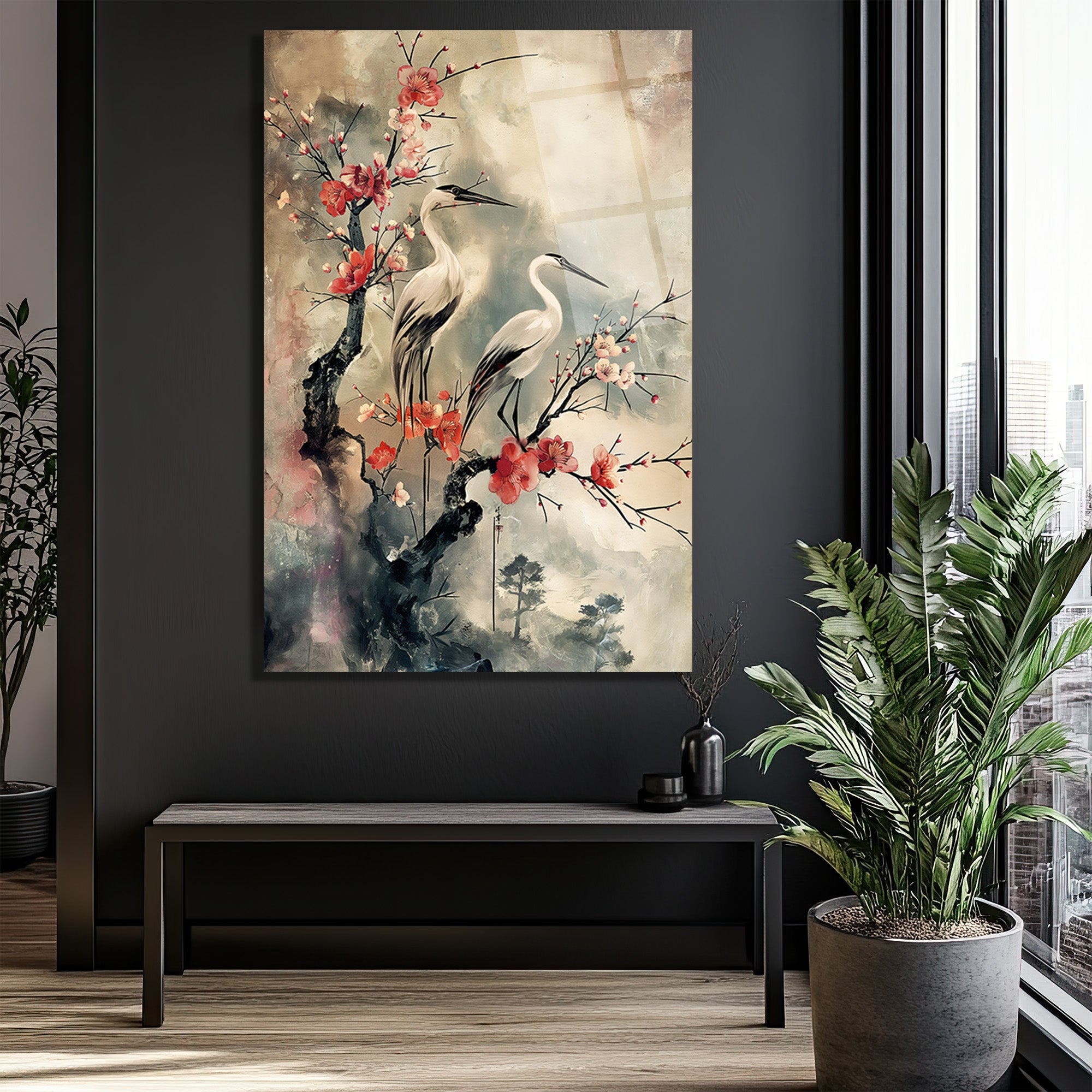 Zen Esintili Balıkçıl Kuşları ve Sakura Çiçekleri Cam Tablo