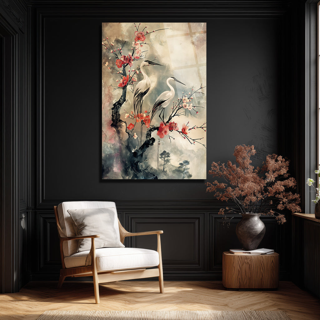 Zen Esintili Balıkçıl Kuşları ve Sakura Çiçekleri Cam Tablo