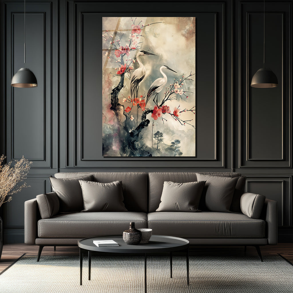 Zen Esintili Balıkçıl Kuşları ve Sakura Çiçekleri Cam Tablo