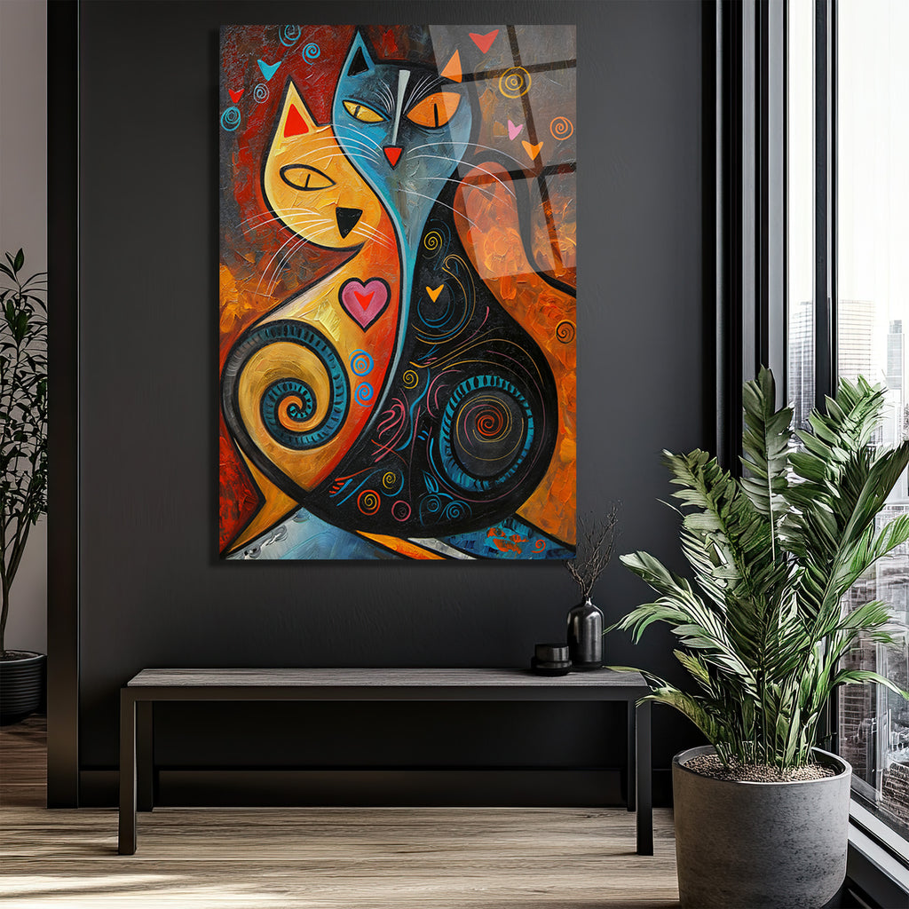 Aşk Kedileri Modern Sanat Cam Tablo - Canlı Renkler ve Duygusal Tasarım