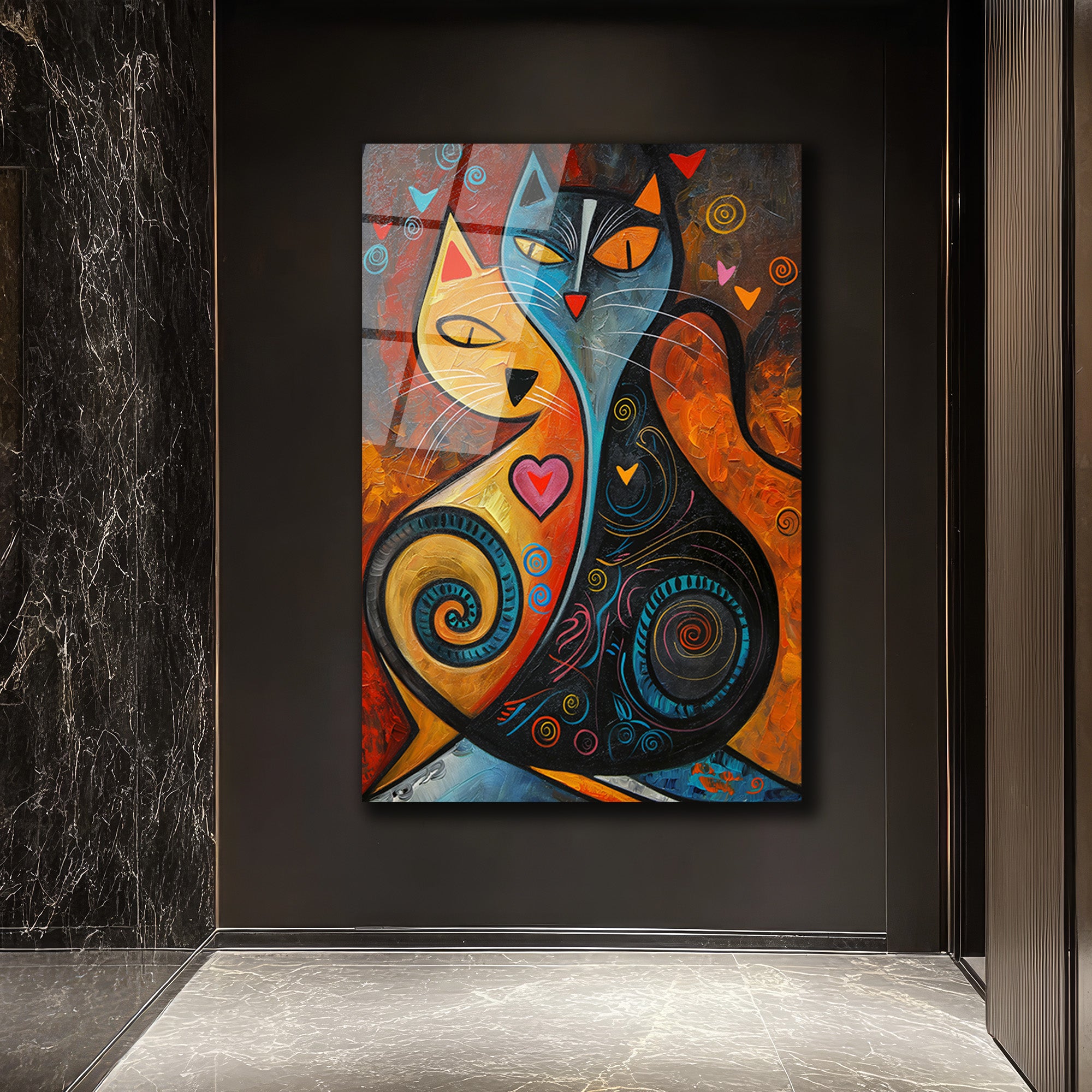 Aşk Kedileri Modern Sanat Cam Tablo - Canlı Renkler ve Duygusal Tasarım
