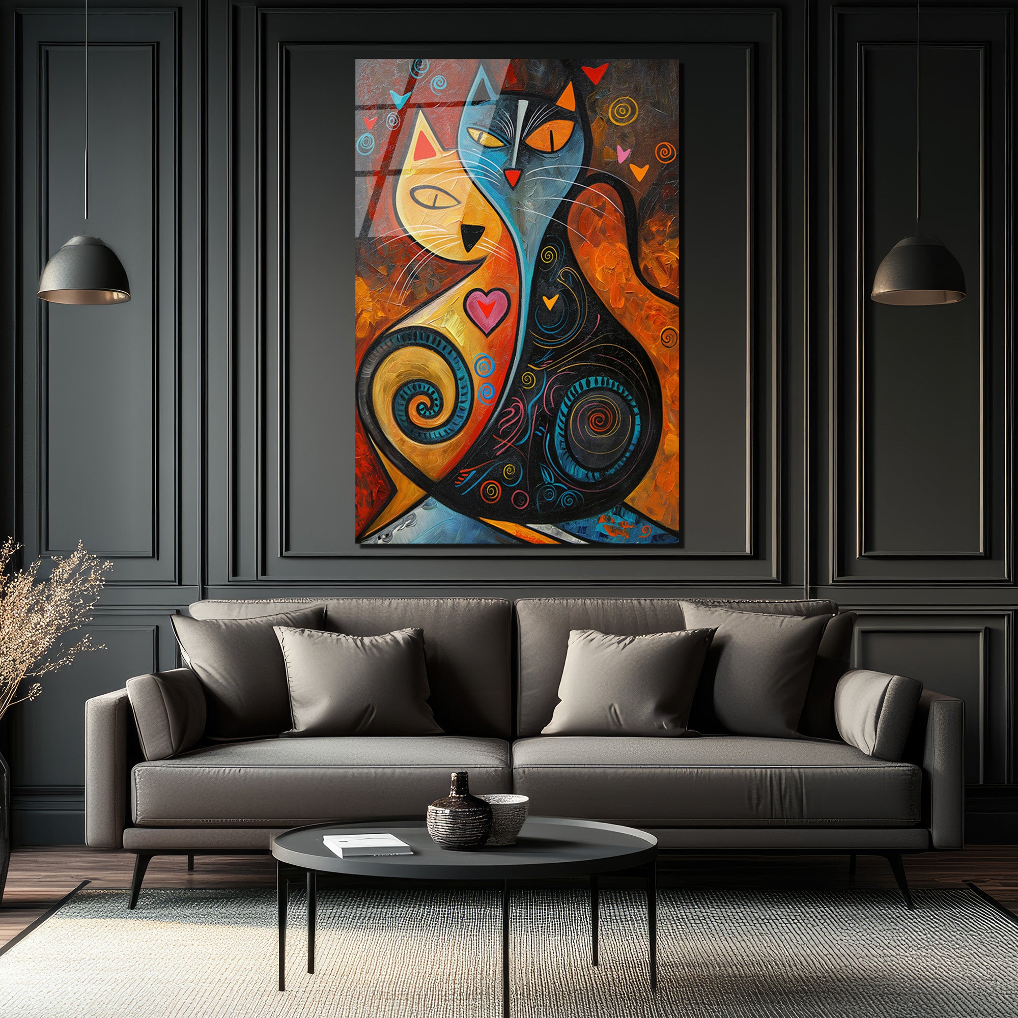 Aşk Kedileri Modern Sanat Cam Tablo - Canlı Renkler ve Duygusal Tasarım