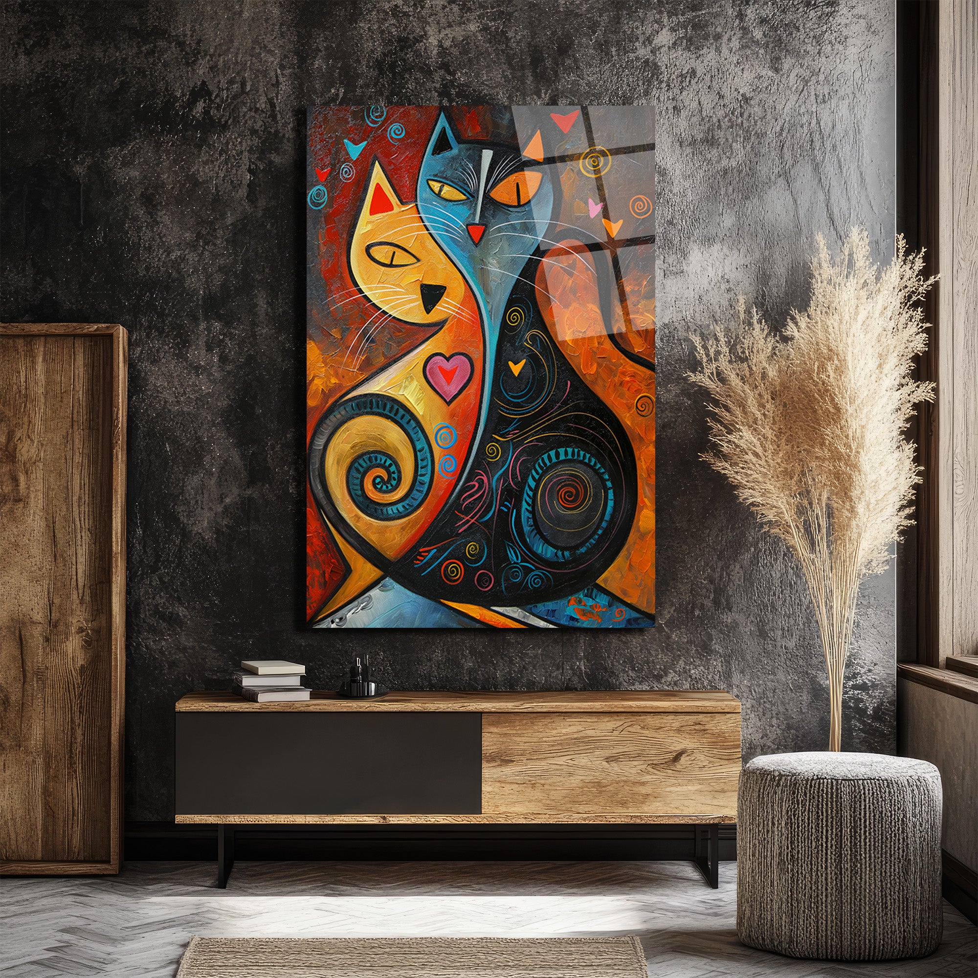 Aşk Kedileri Modern Sanat Cam Tablo - Canlı Renkler ve Duygusal Tasarım