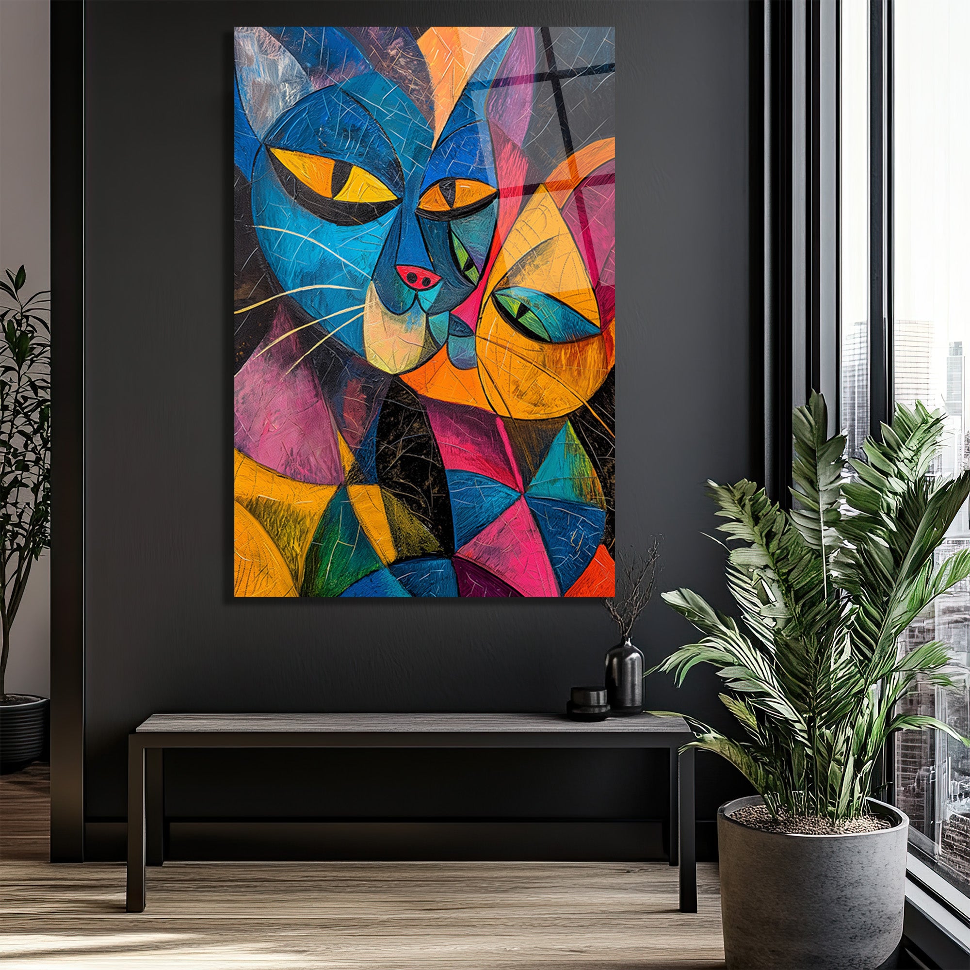 Kübist Kedi Portreleri Cam Tablo | Modern Sanatın Canlı Yorumu