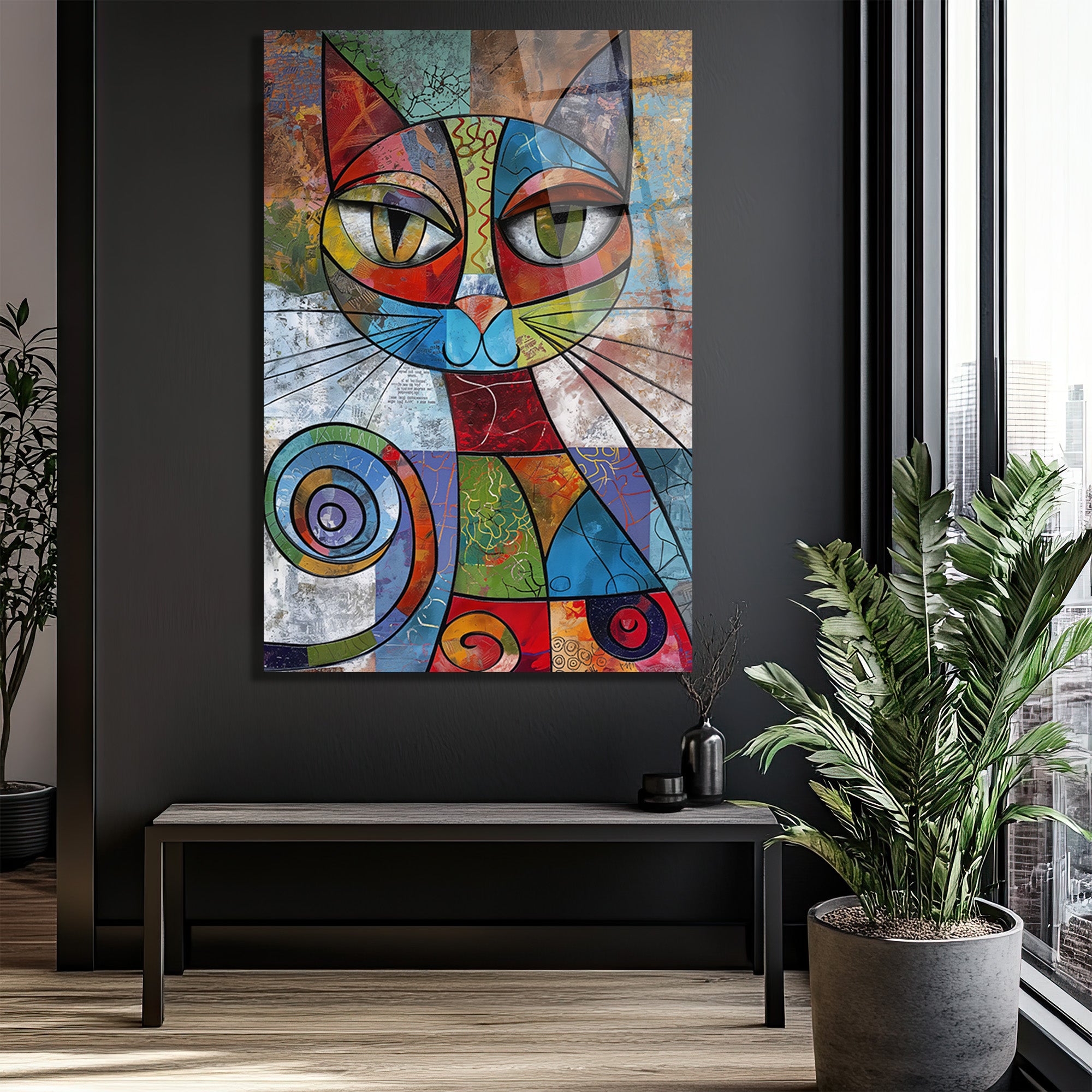 Kübist Kedi Sanatı: Renkli ve Modern Cam Tablo