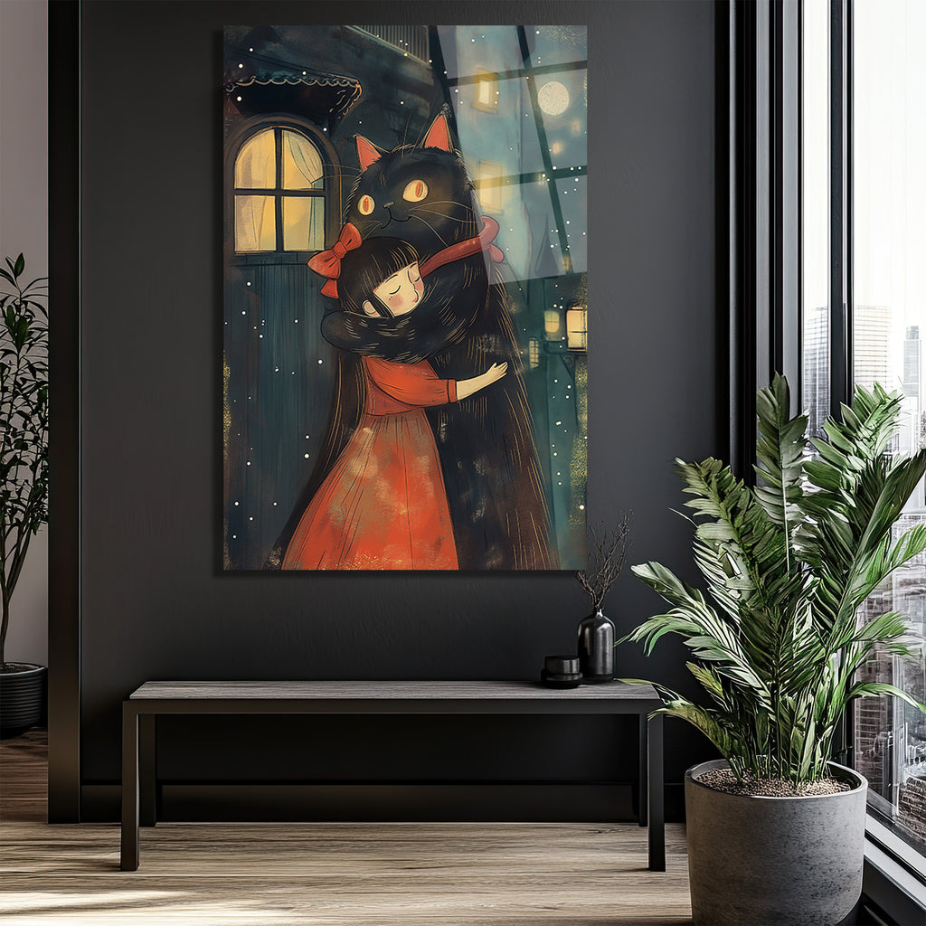 Ay Işığında Sıcacık Kucaklaşma: Kara Kedi ve Kız Cam Tablo