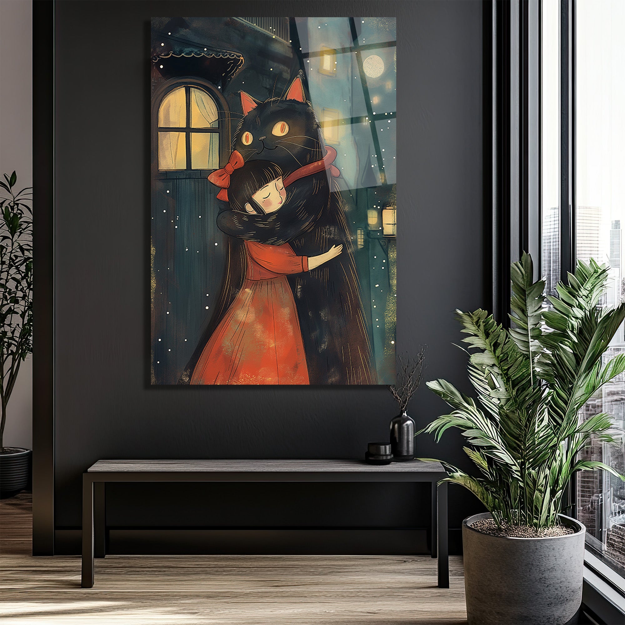 Ay Işığında Sıcacık Kucaklaşma: Kara Kedi ve Kız Cam Tablo