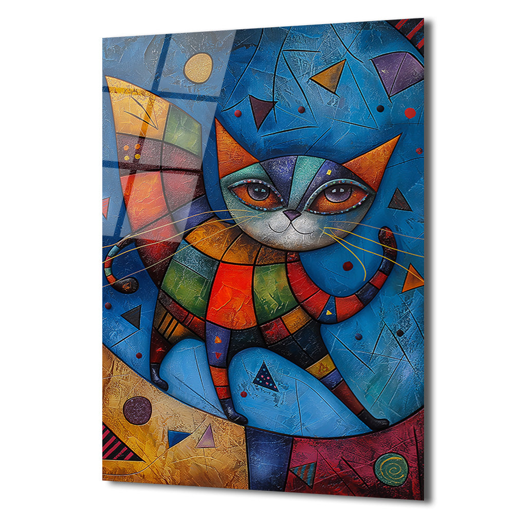 Canlı Renklerle Kübist Kedi Cam Tablo - Glazella Sanat Eseri
