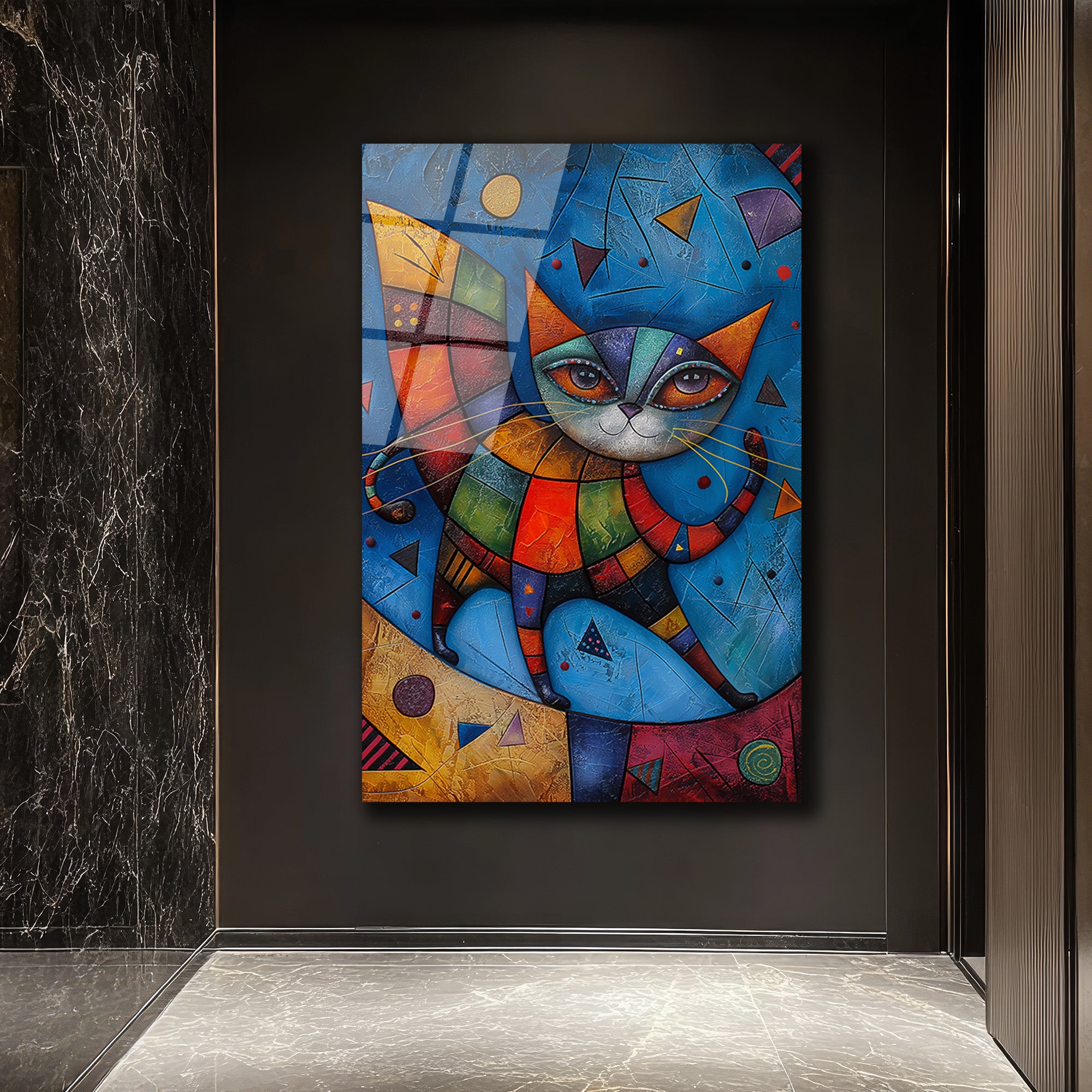 Canlı Renklerle Kübist Kedi Cam Tablo - Glazella Sanat Eseri