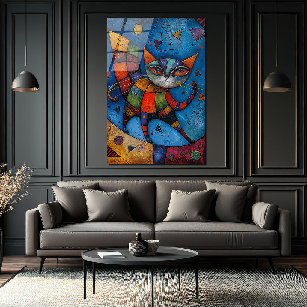 Canlı Renklerle Kübist Kedi Cam Tablo - Glazella Sanat Eseri