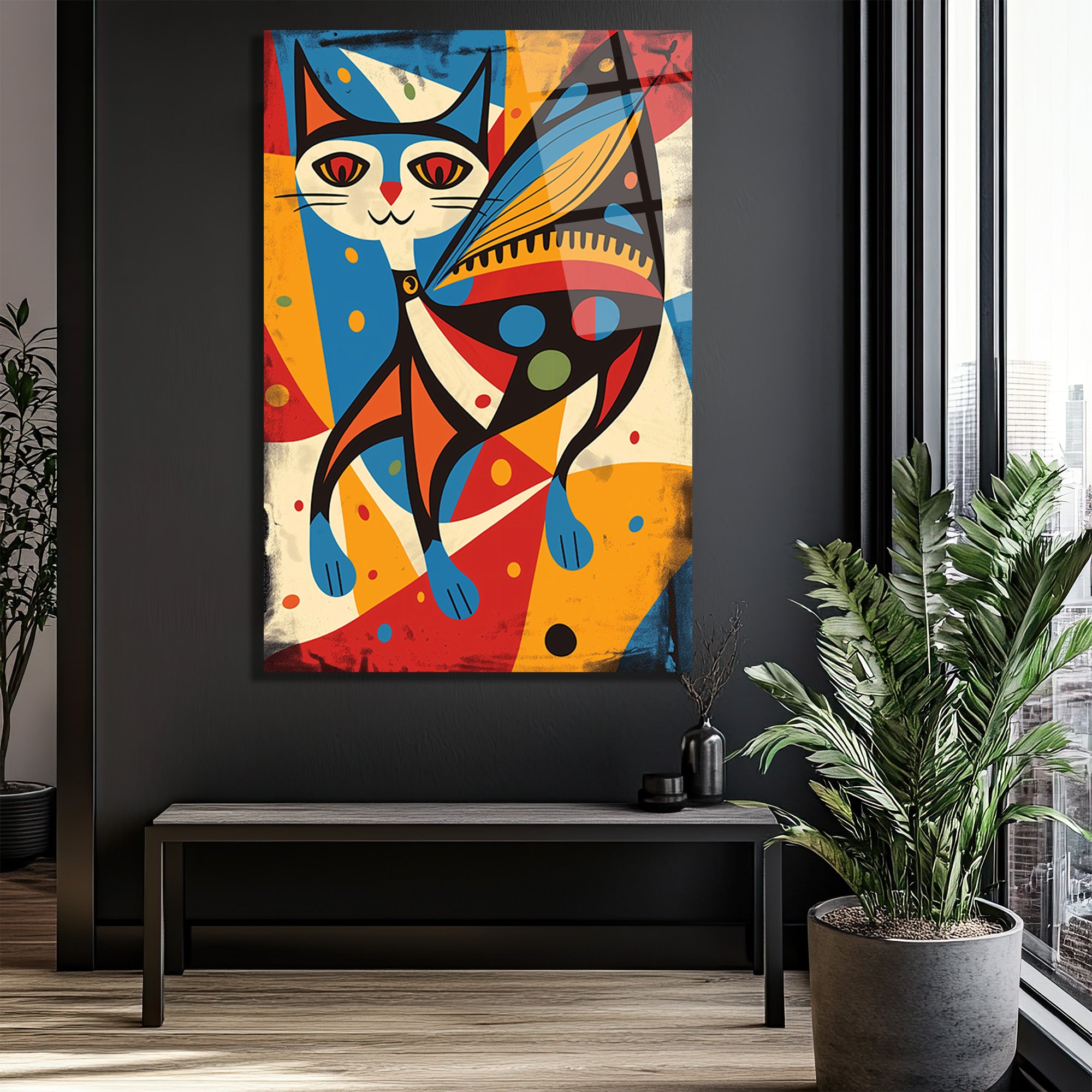 Canlı Renklerle Soyut Kedi ve Kelebek Kanadı Cam Tablo