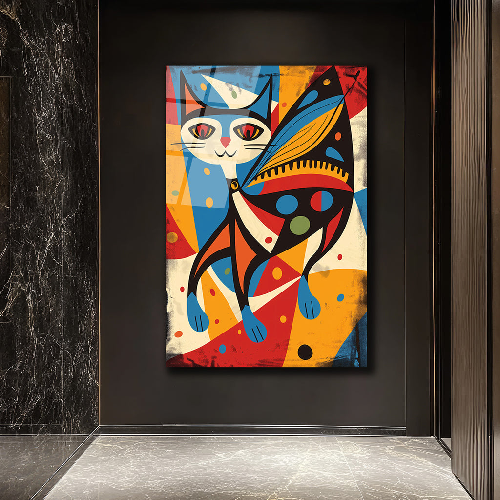 Canlı Renklerle Soyut Kedi ve Kelebek Kanadı Cam Tablo