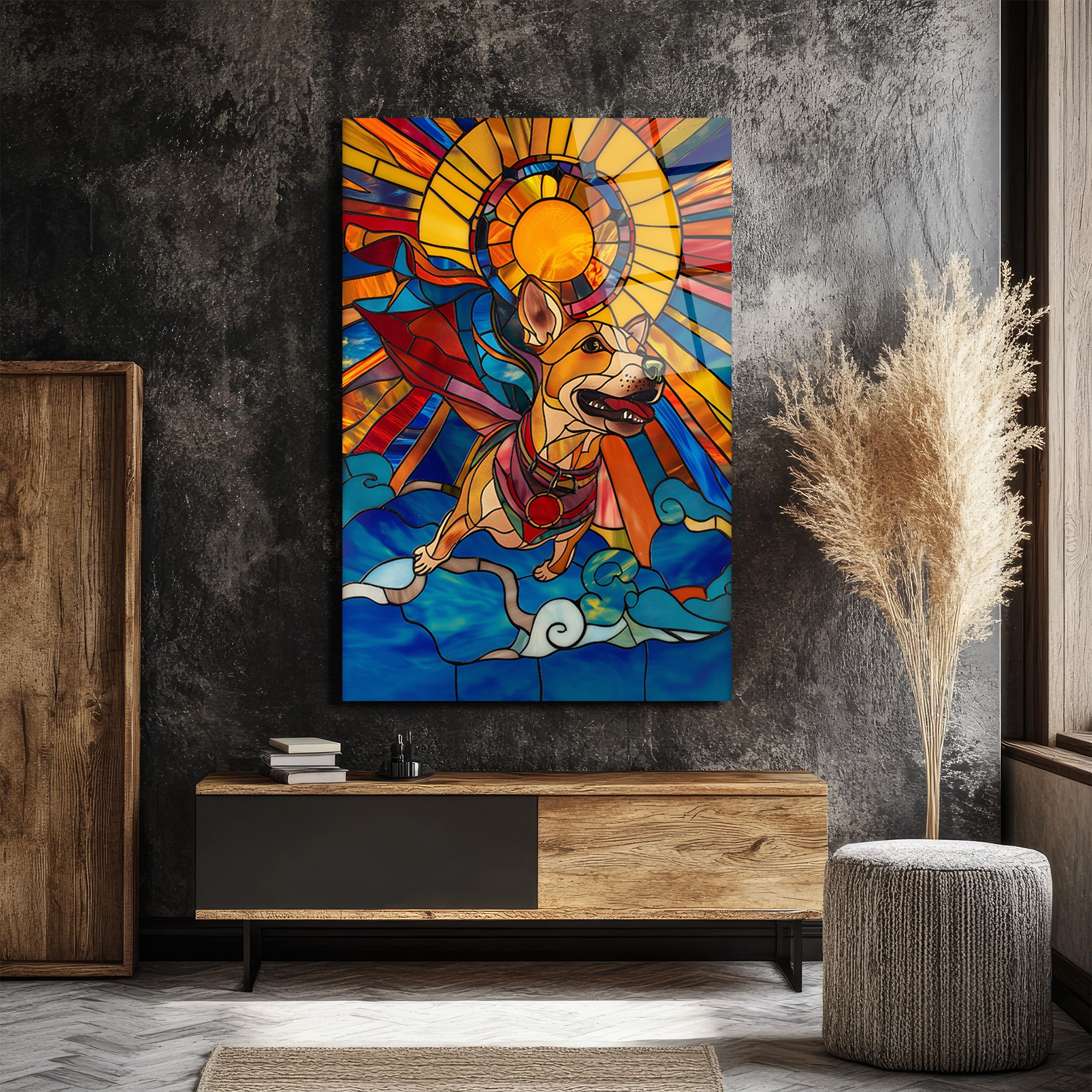 Uçan Süper Kahraman Köpek Cam Tablo - Vitray Sanatı Esintisi