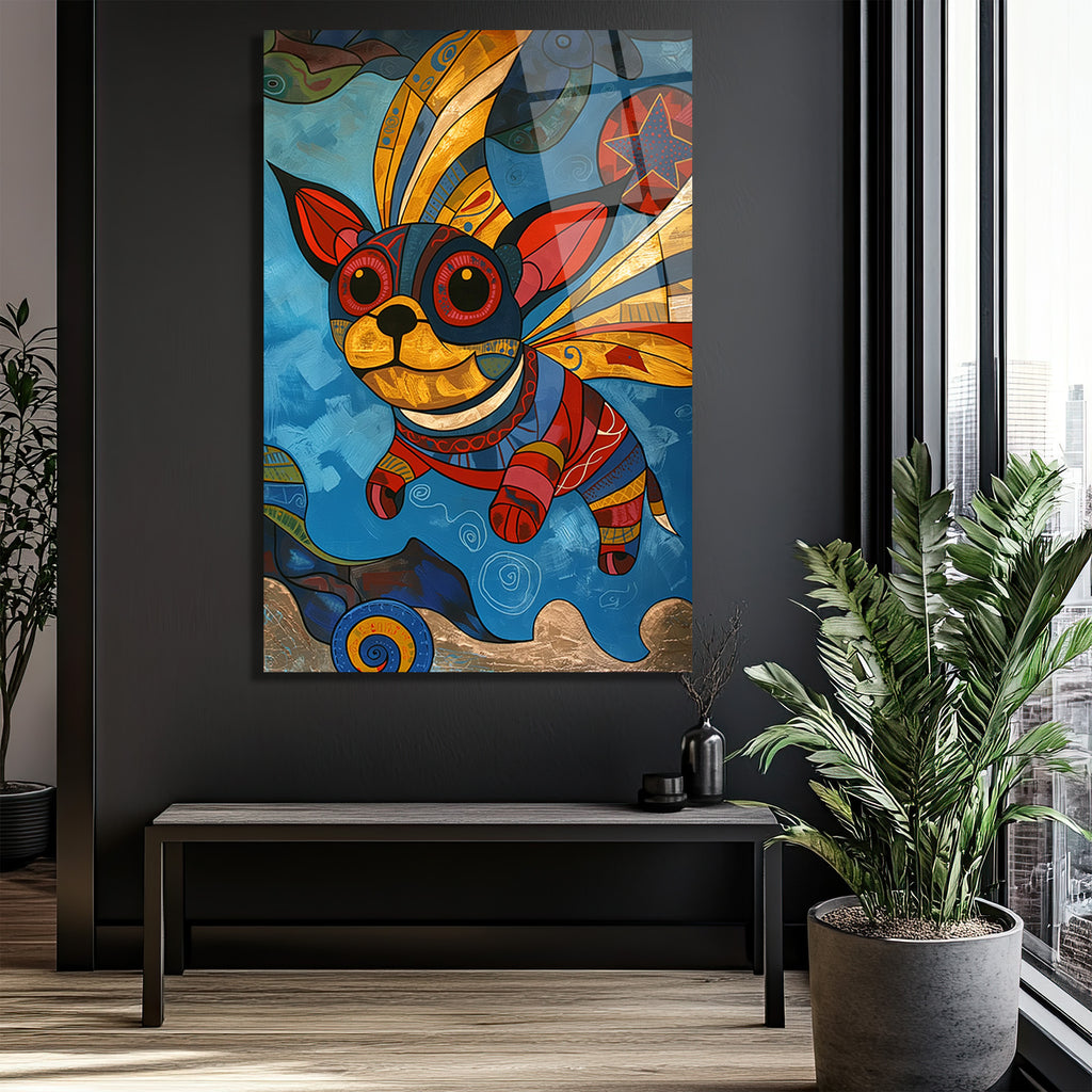 Renkli Kanatlı Köpek Modern Sanat Cam Tablo