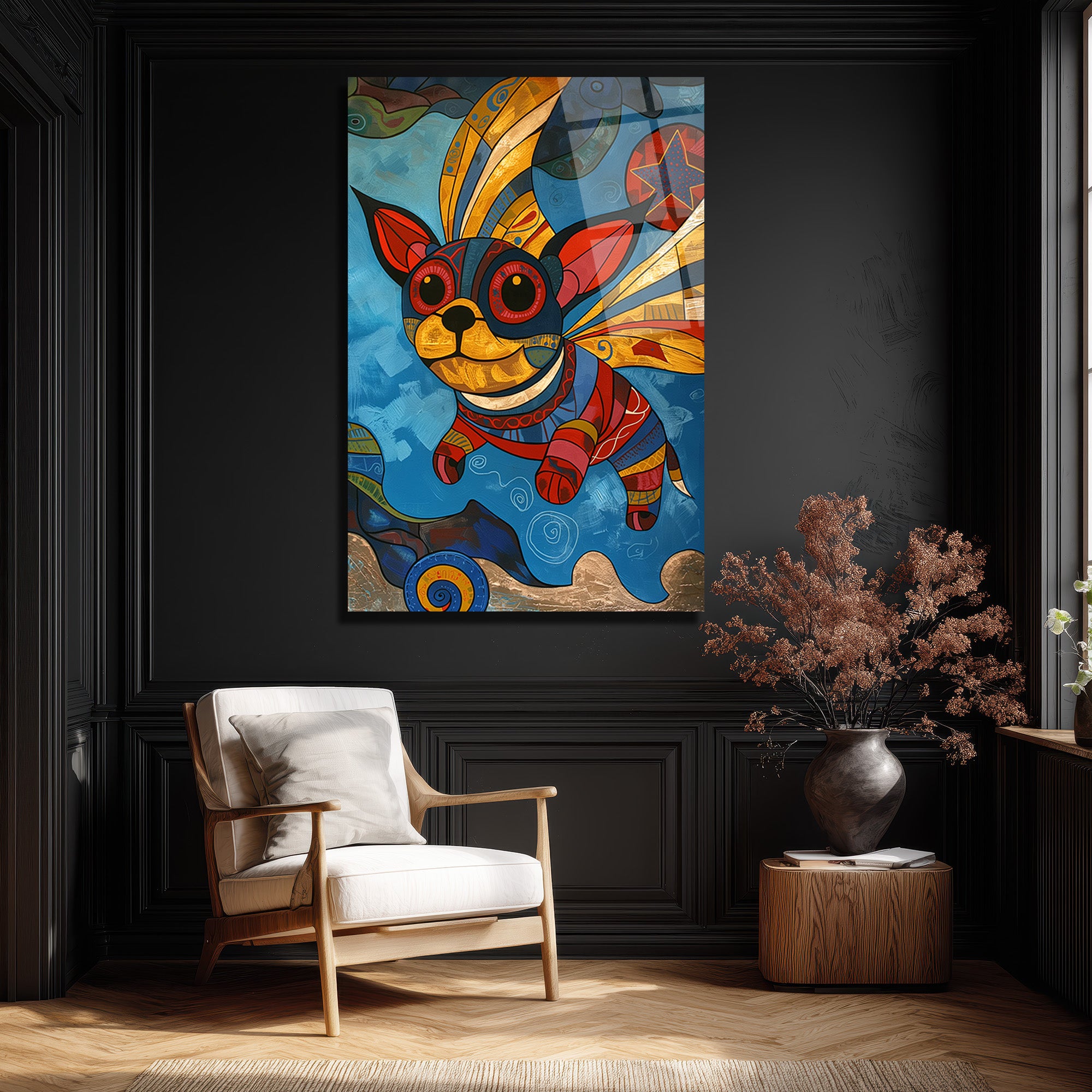 Renkli Kanatlı Köpek Modern Sanat Cam Tablo