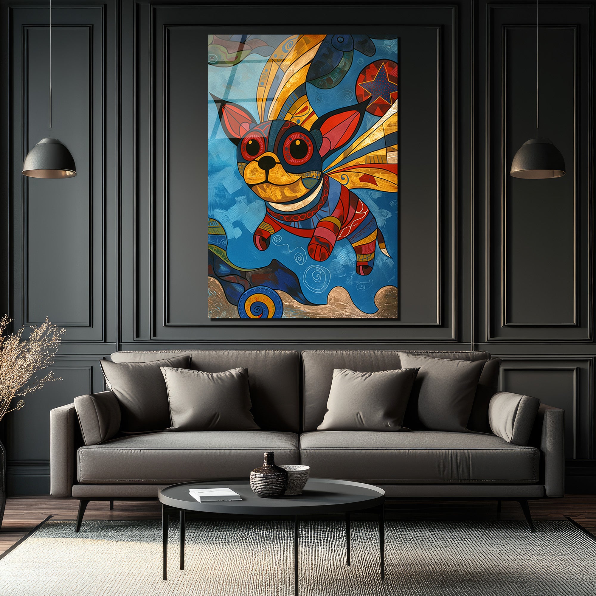Renkli Kanatlı Köpek Modern Sanat Cam Tablo