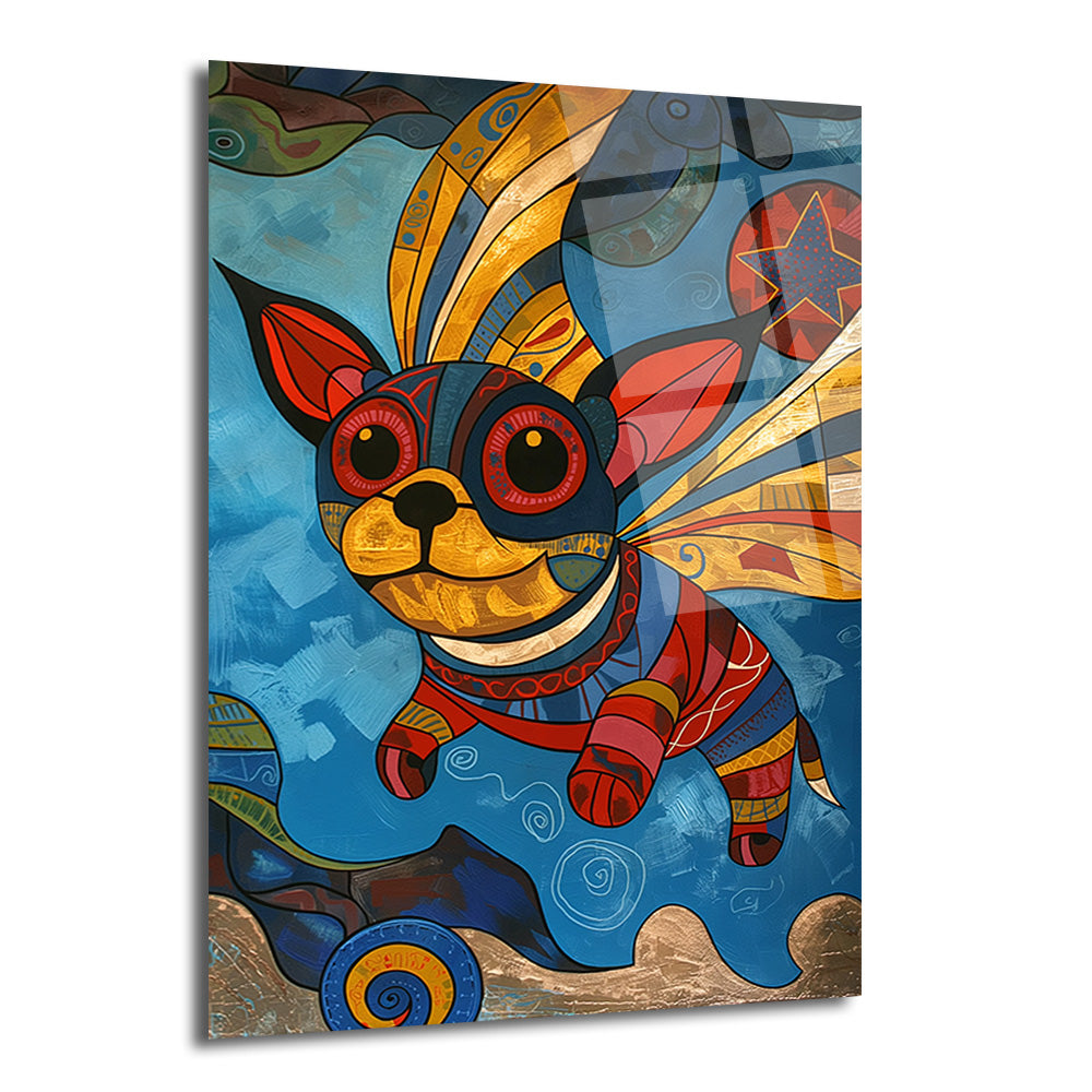 Mavi arka plan üzerinde, pop art tarzında, kanatlı ve renkli desenlerle süslenmiş sevimli bir chihuahua cinsi köpeğin uçarken tasvir edildiği canlı cam tablo. Köpeğin altın, kırmızı, mavi ve siyah tonlarındaki detayları dikkat çekiyor.
