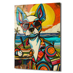 Renkli Pop Art Köpek Cam Tablo: Plaj Keyfi ve Modern Sanatın Buluşması