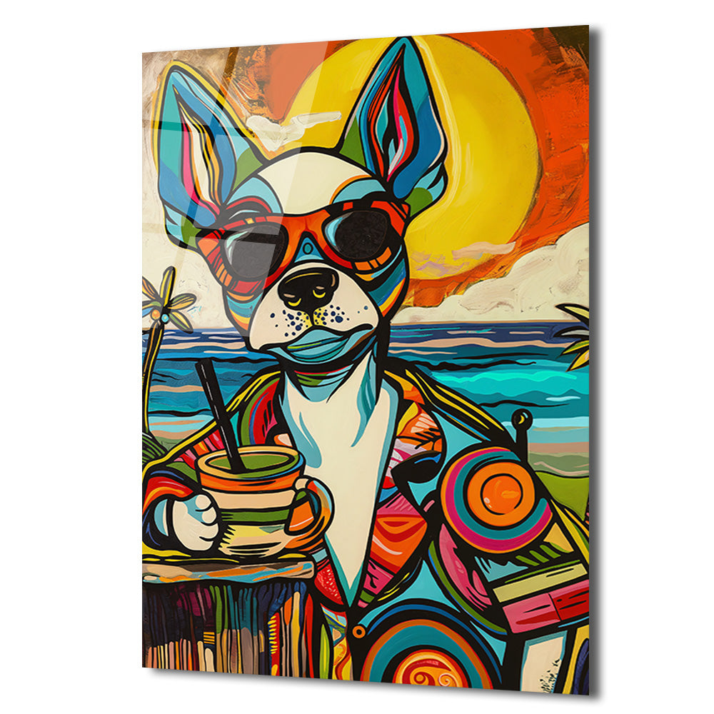 Renkli Pop Art Köpek Cam Tablo: Plaj Keyfi ve Modern Sanatın Buluşması
