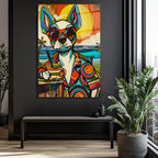 Renkli Pop Art Köpek Cam Tablo: Plaj Keyfi ve Modern Sanatın Buluşması