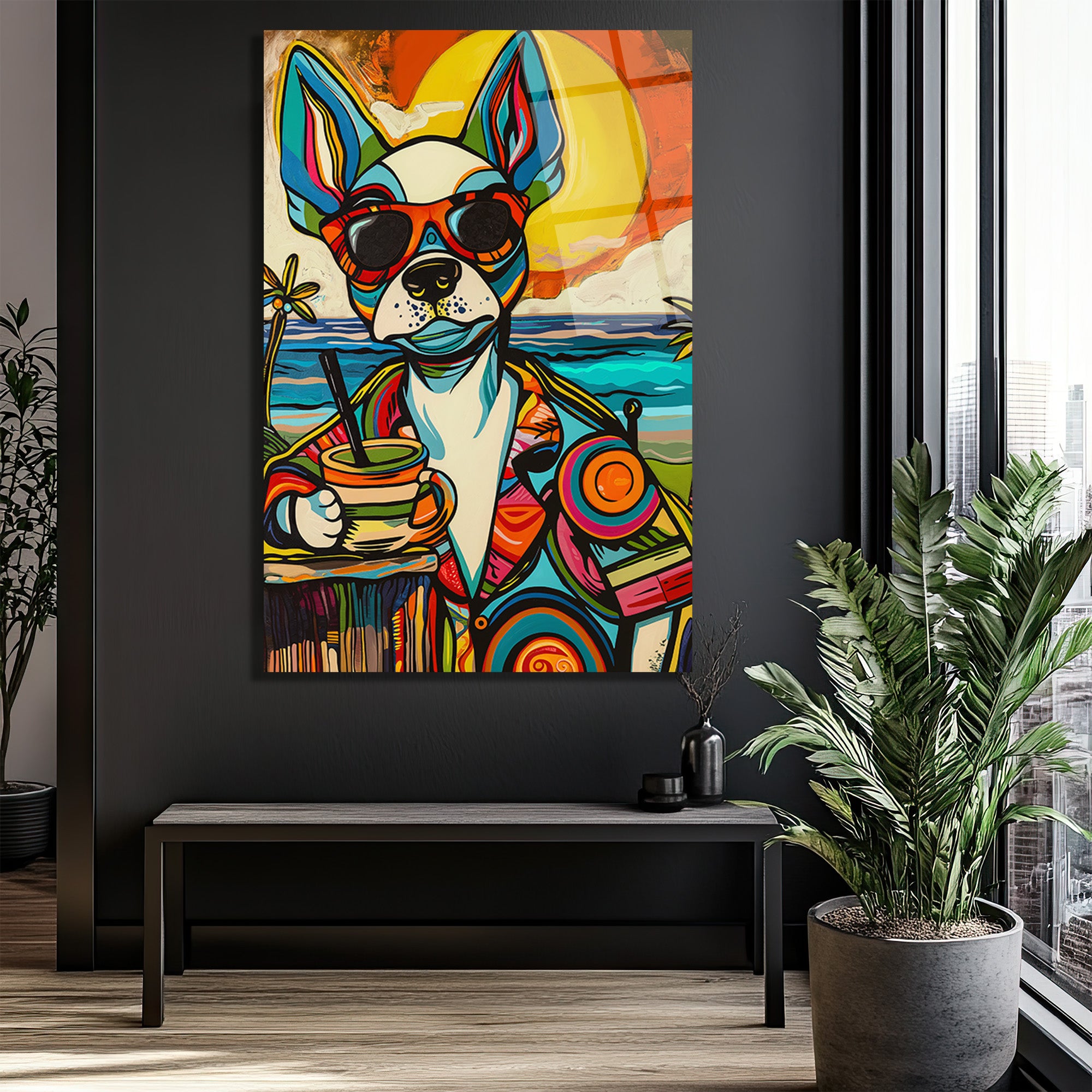 Renkli Pop Art Köpek Cam Tablo: Plaj Keyfi ve Modern Sanatın Buluşması