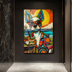 Renkli Pop Art Köpek Cam Tablo: Plaj Keyfi ve Modern Sanatın Buluşması