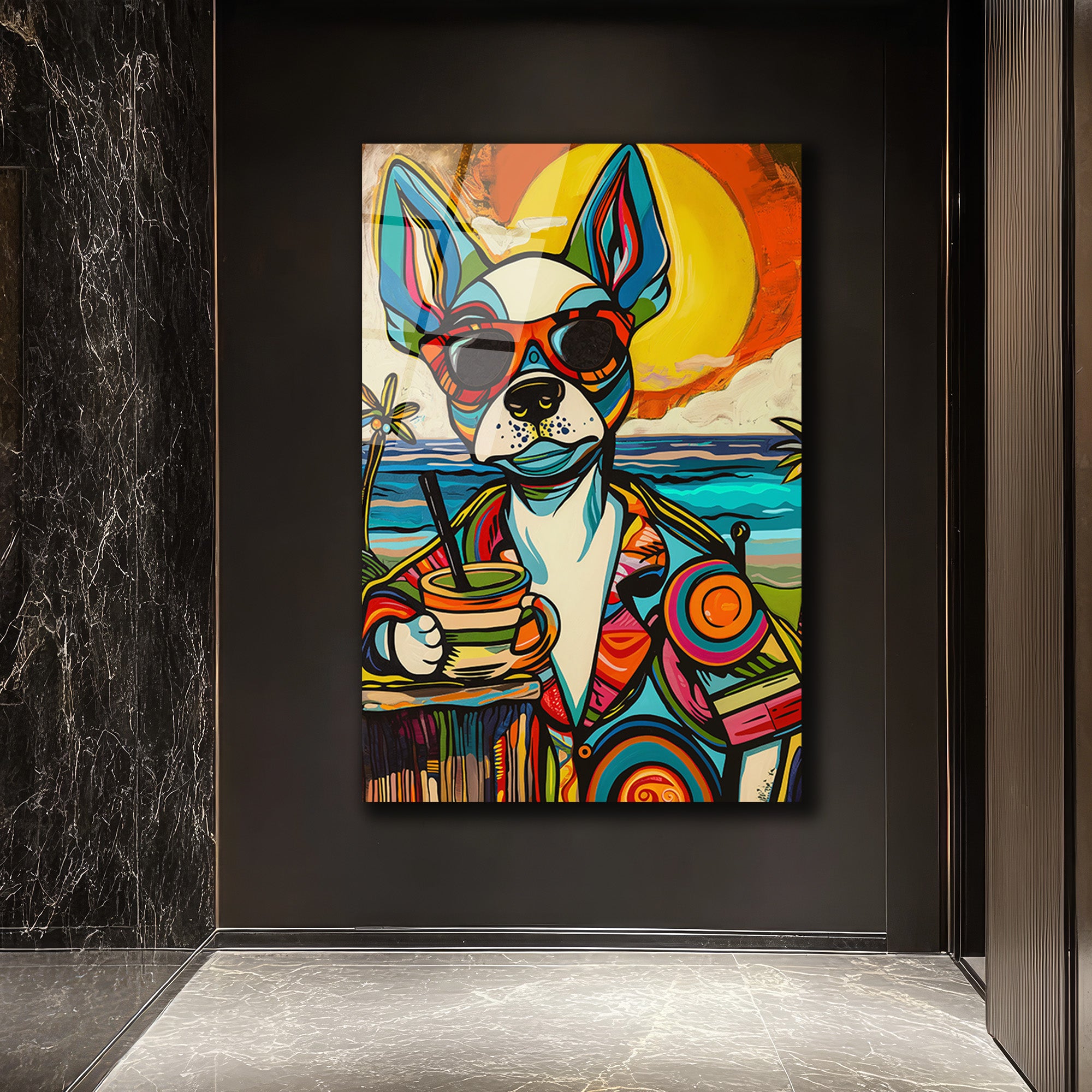 Renkli Pop Art Köpek Cam Tablo: Plaj Keyfi ve Modern Sanatın Buluşması