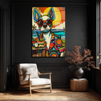 Renkli Pop Art Köpek Cam Tablo: Plaj Keyfi ve Modern Sanatın Buluşması
