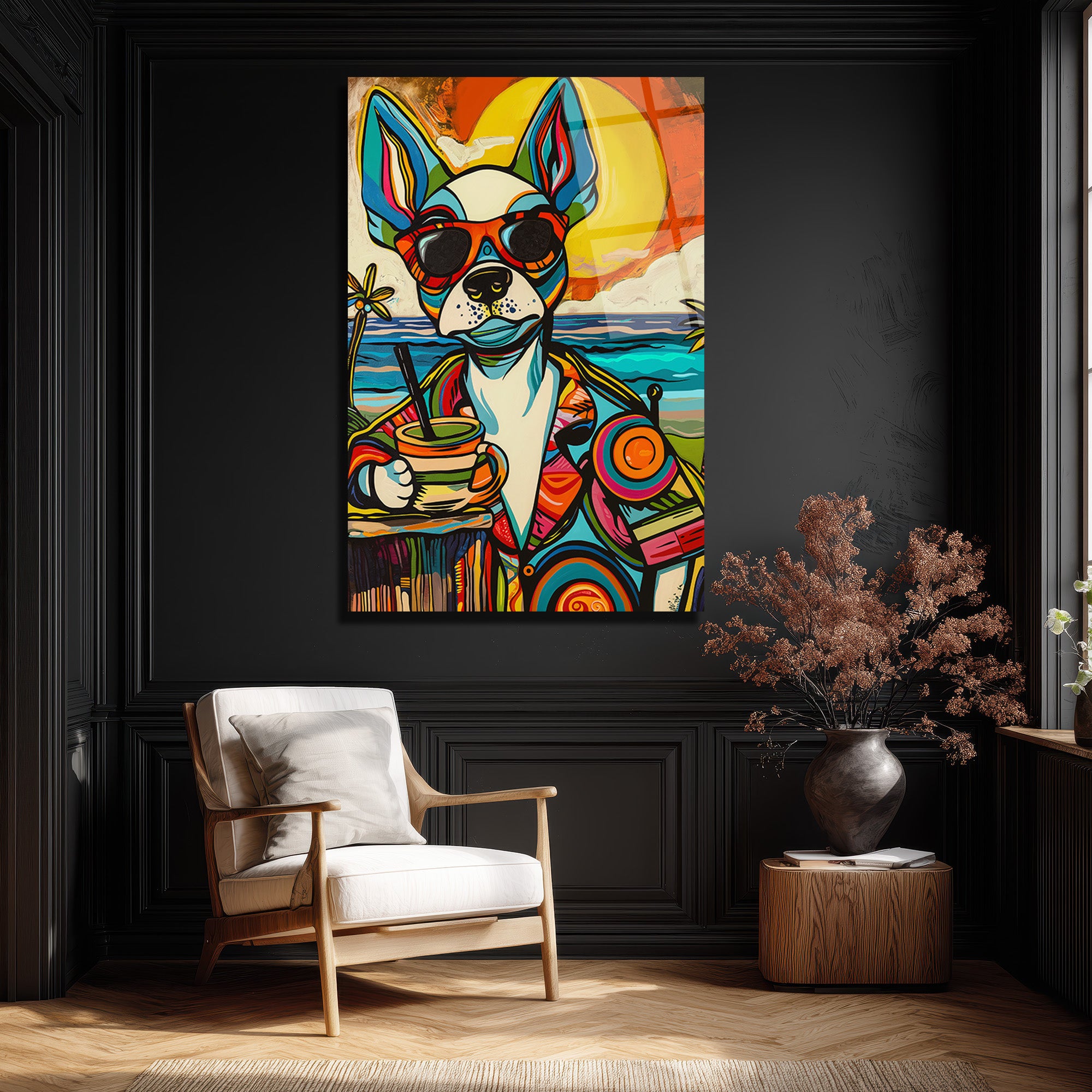 Renkli Pop Art Köpek Cam Tablo: Plaj Keyfi ve Modern Sanatın Buluşması