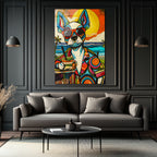 Renkli Pop Art Köpek Cam Tablo: Plaj Keyfi ve Modern Sanatın Buluşması