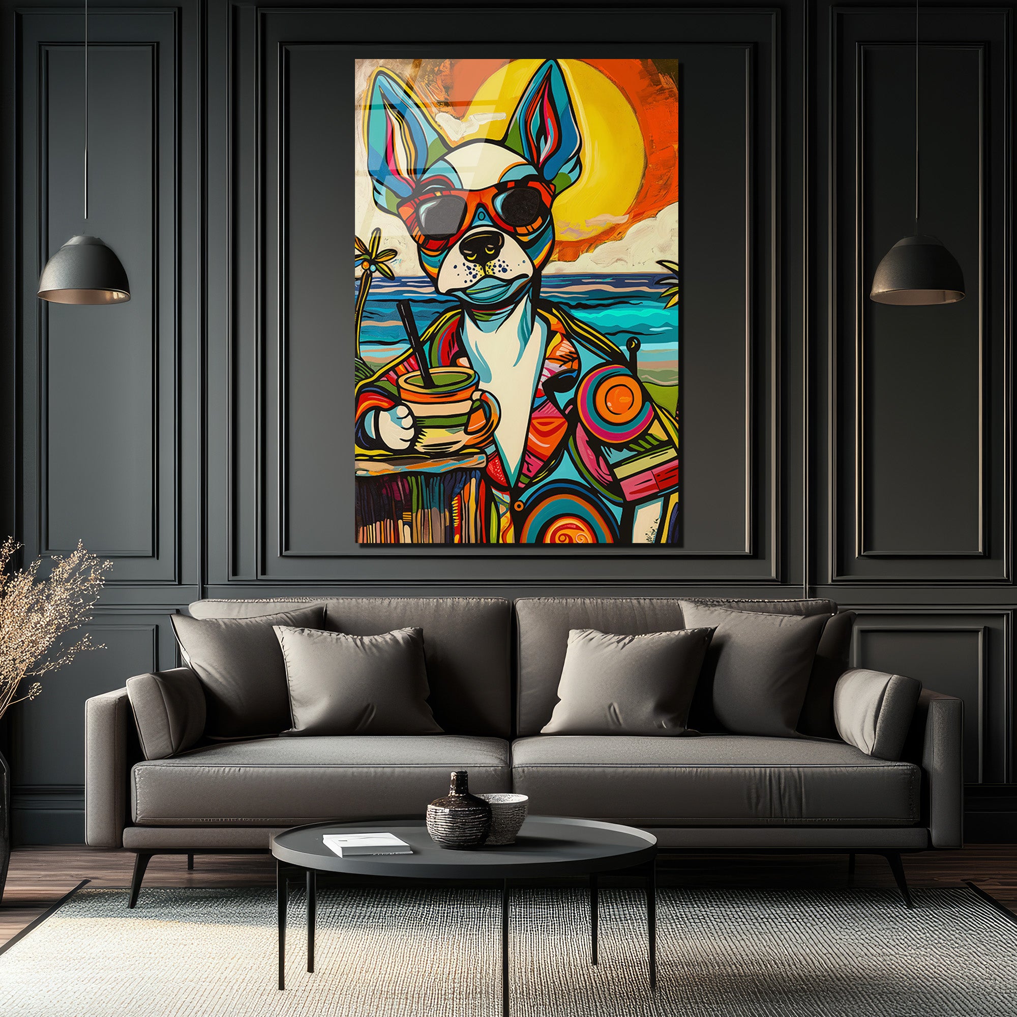 Renkli Pop Art Köpek Cam Tablo: Plaj Keyfi ve Modern Sanatın Buluşması