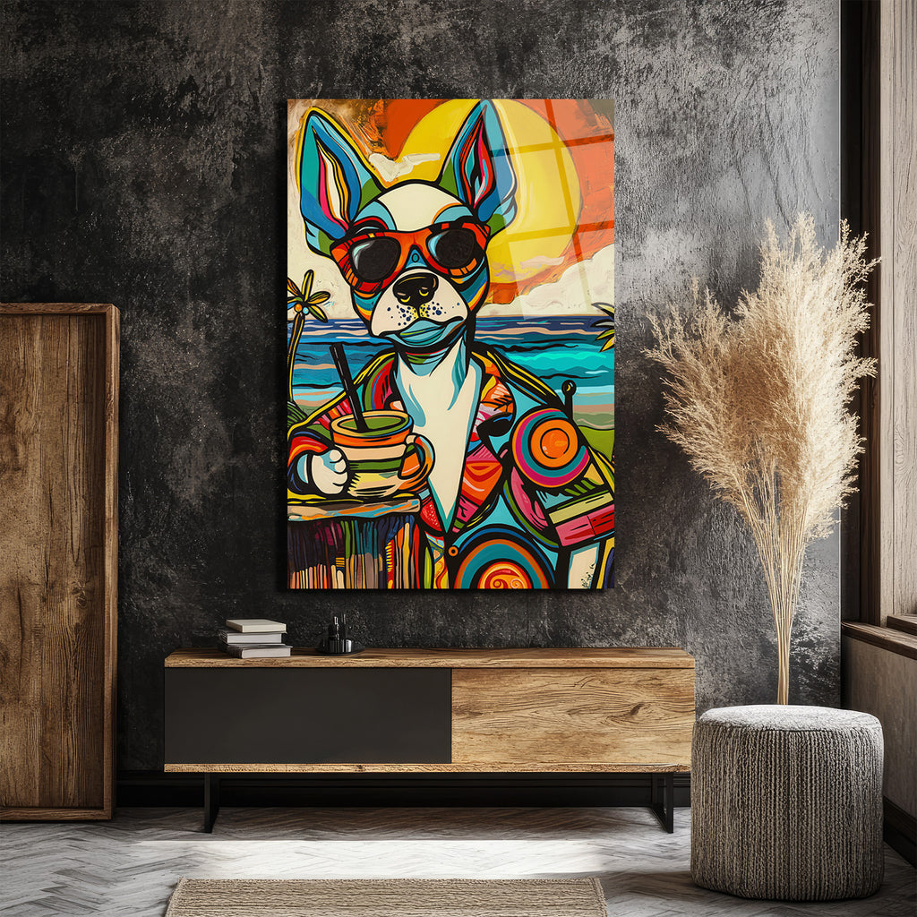 Renkli Pop Art Köpek Cam Tablo: Plaj Keyfi ve Modern Sanatın Buluşması