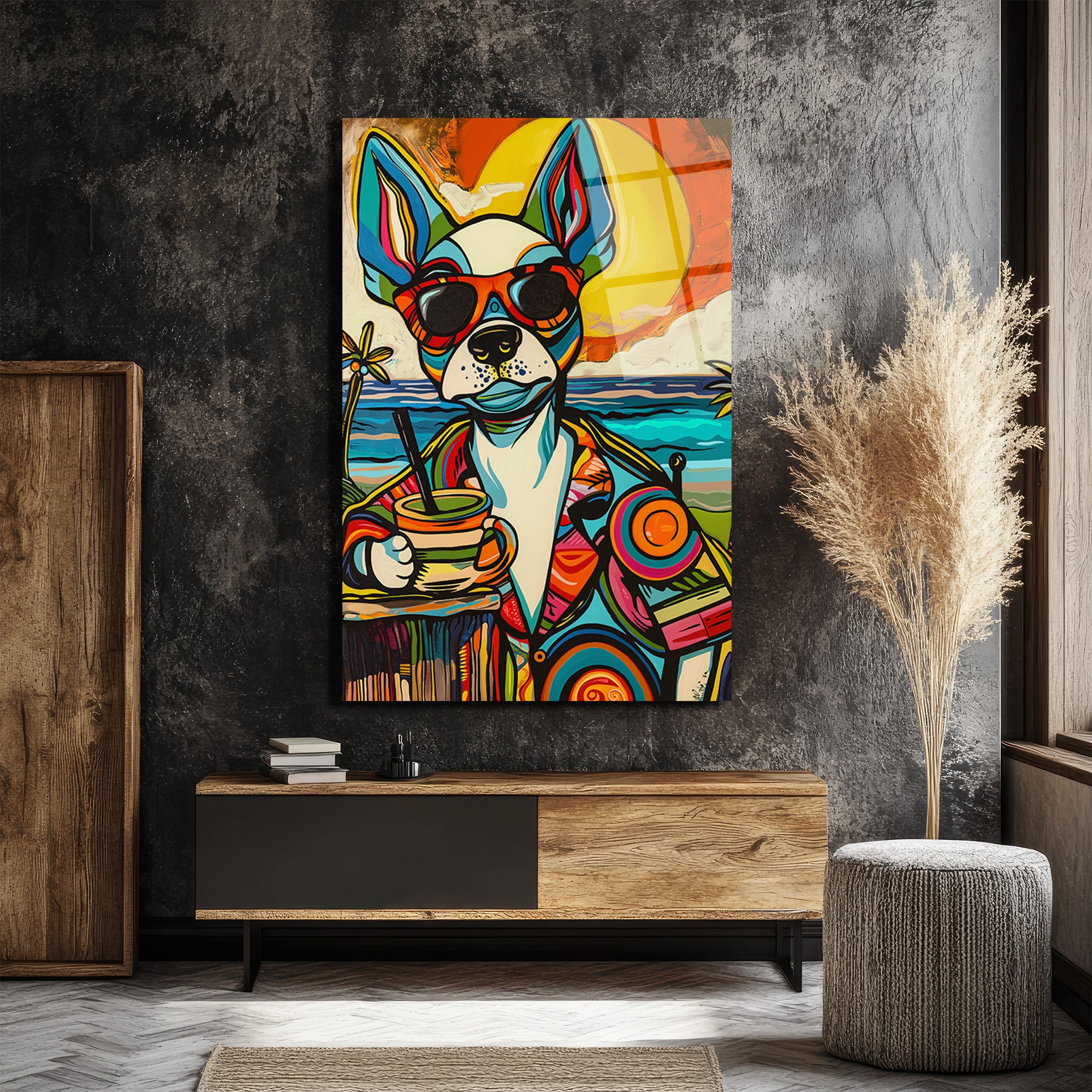 Renkli Pop Art Köpek Cam Tablo: Plaj Keyfi ve Modern Sanatın Buluşması