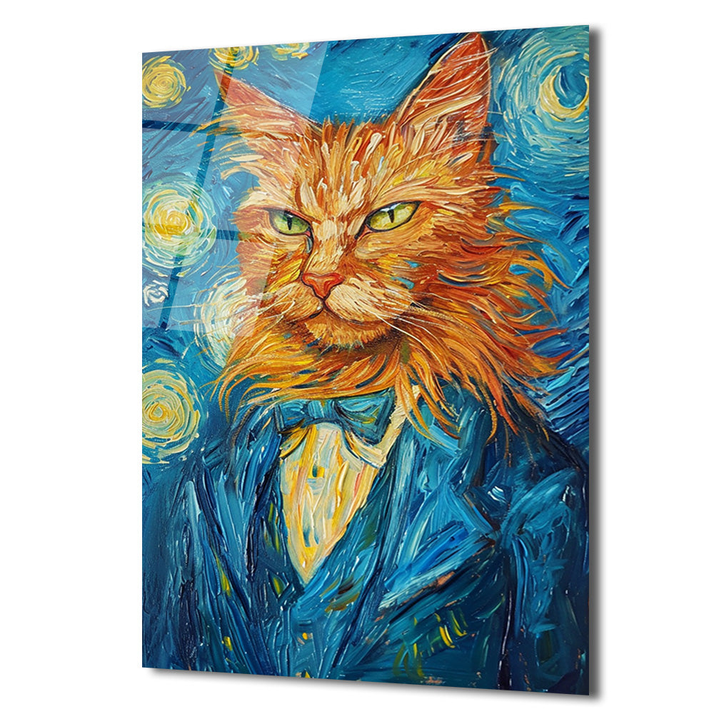 Van Gogh Tarzı Smokinli Kedi Cam Tablo: Sanat ve Asaletin Buluştuğu Eser