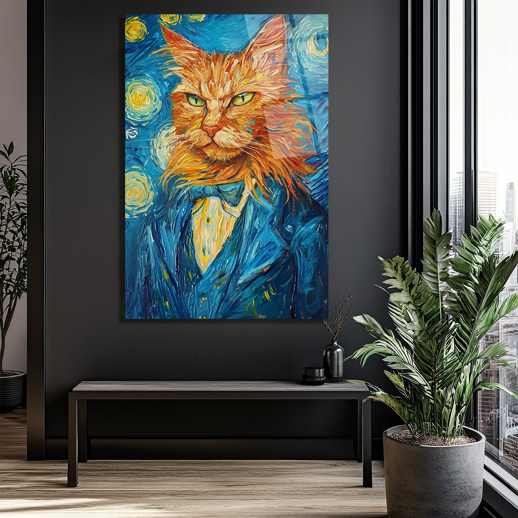Van Gogh Tarzı Smokinli Kedi Cam Tablo: Sanat ve Asaletin Buluştuğu Eser