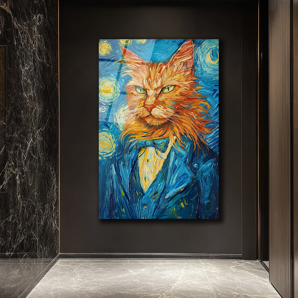 Van Gogh Tarzı Smokinli Kedi Cam Tablo: Sanat ve Asaletin Buluştuğu Eser