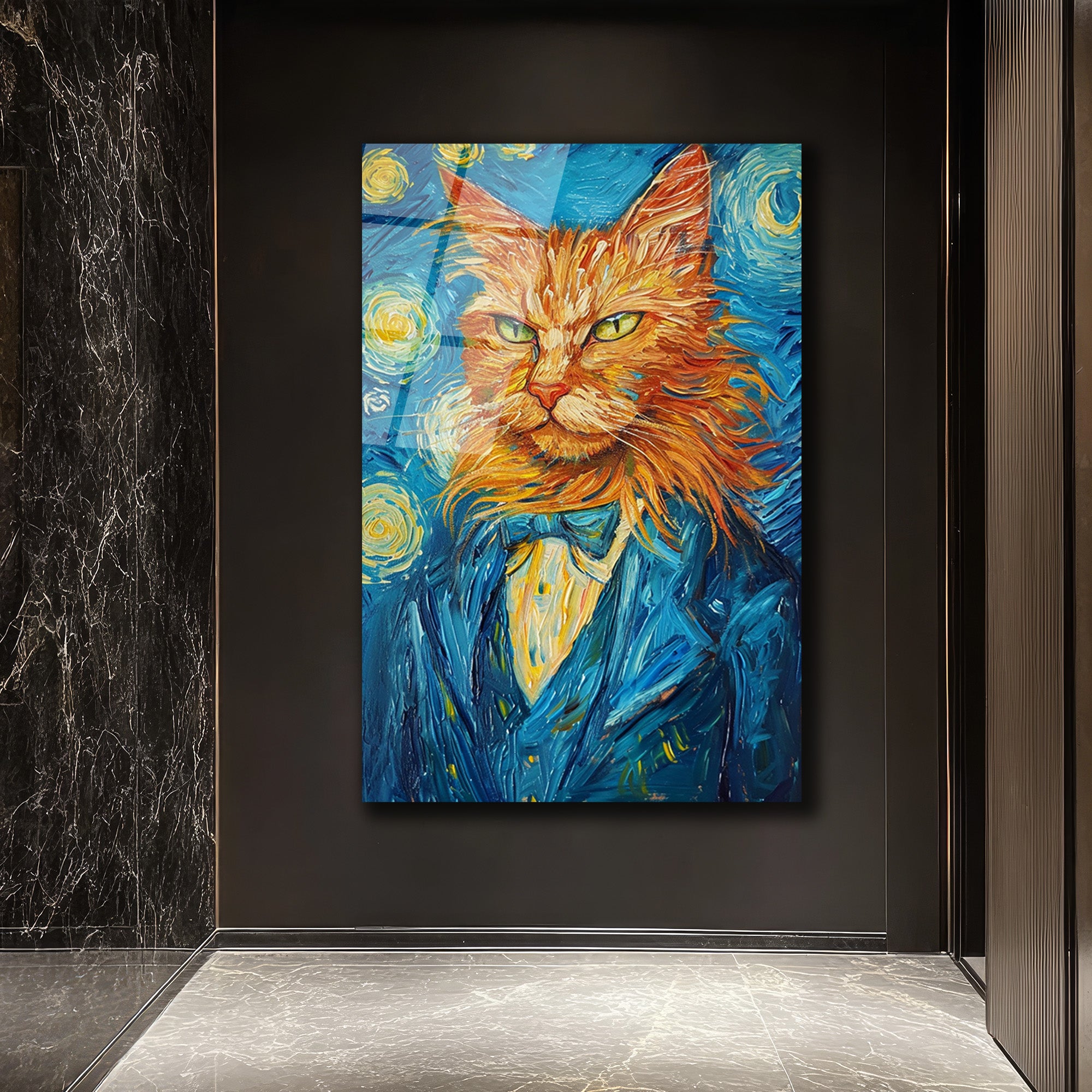 Van Gogh Tarzı Smokinli Kedi Cam Tablo: Sanat ve Asaletin Buluştuğu Eser