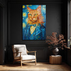 Van Gogh Tarzı Smokinli Kedi Cam Tablo: Sanat ve Asaletin Buluştuğu Eser