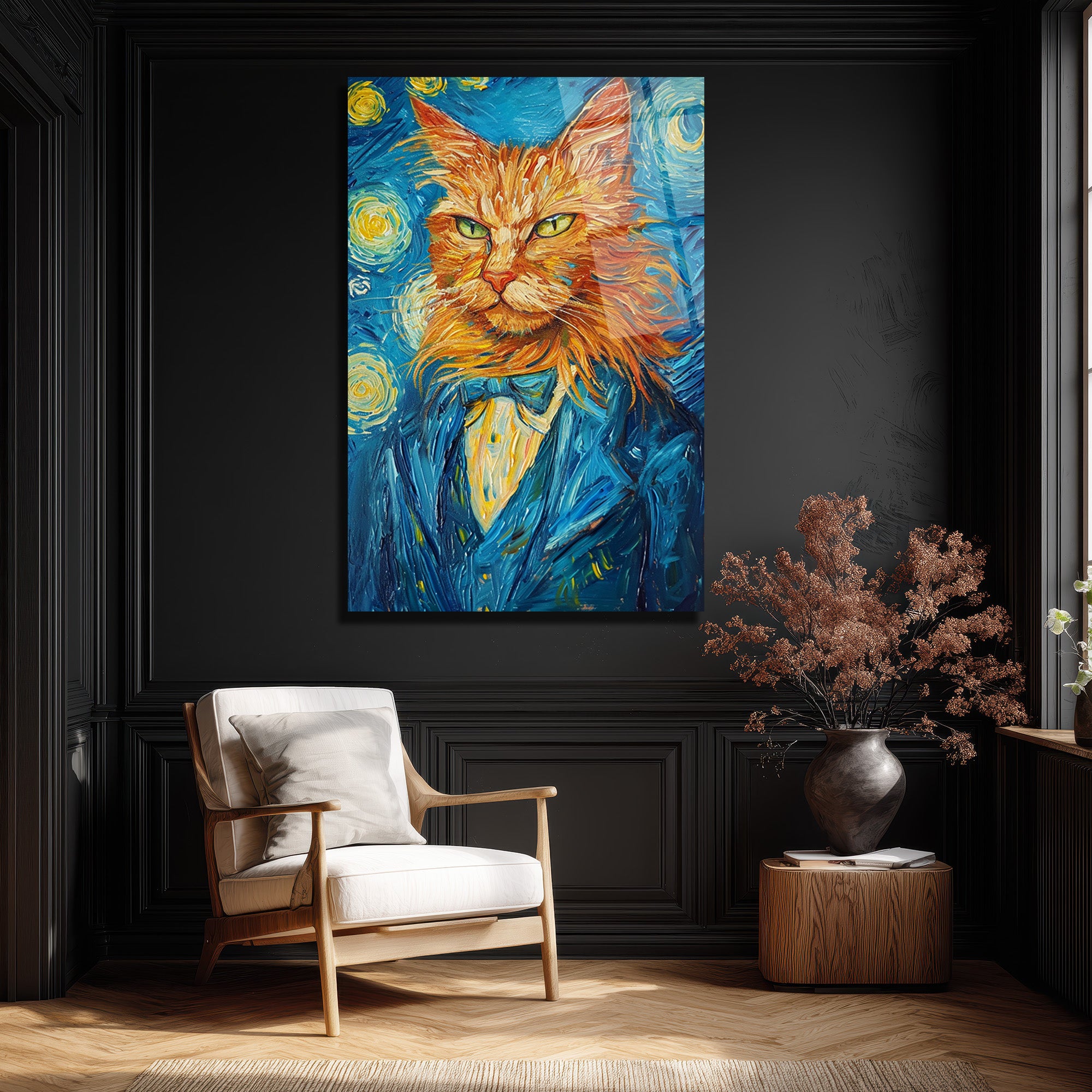Van Gogh Tarzı Smokinli Kedi Cam Tablo: Sanat ve Asaletin Buluştuğu Eser