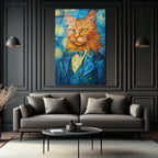 Van Gogh Tarzı Smokinli Kedi Cam Tablo: Sanat ve Asaletin Buluştuğu Eser