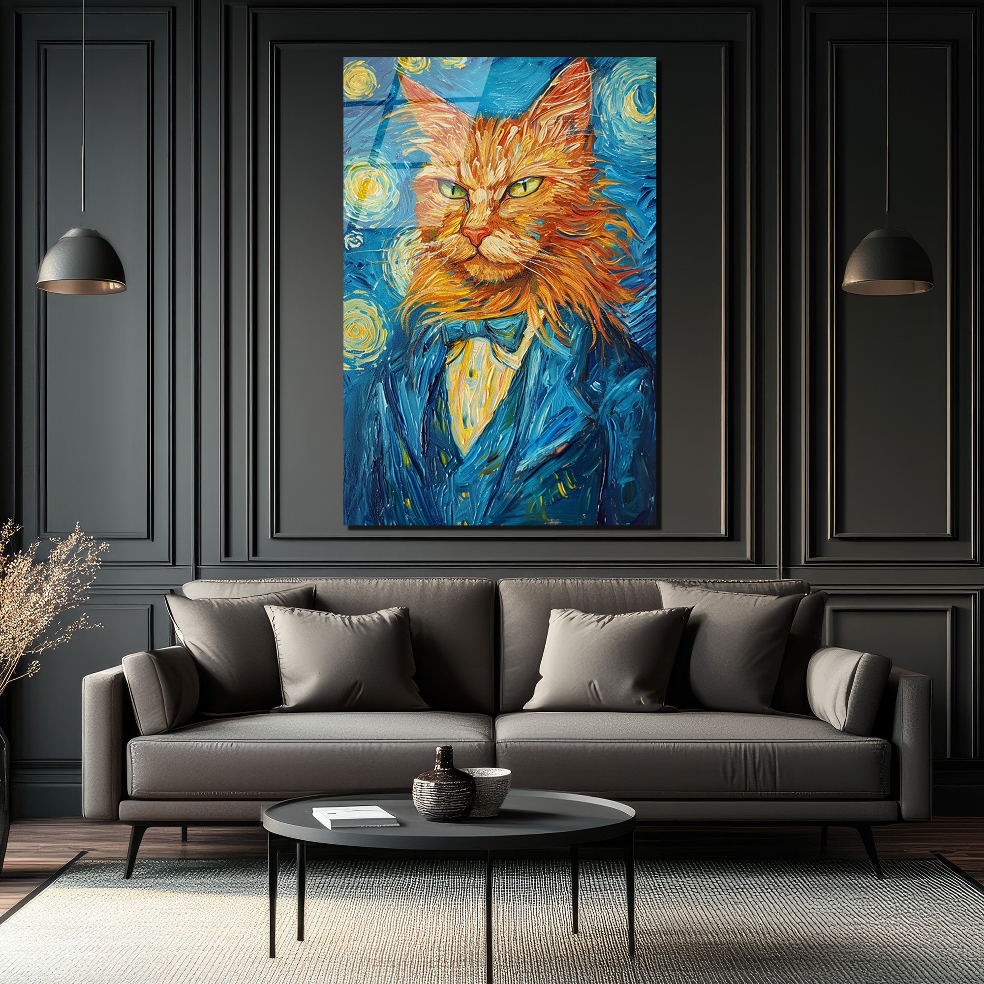 Van Gogh Tarzı Smokinli Kedi Cam Tablo: Sanat ve Asaletin Buluştuğu Eser